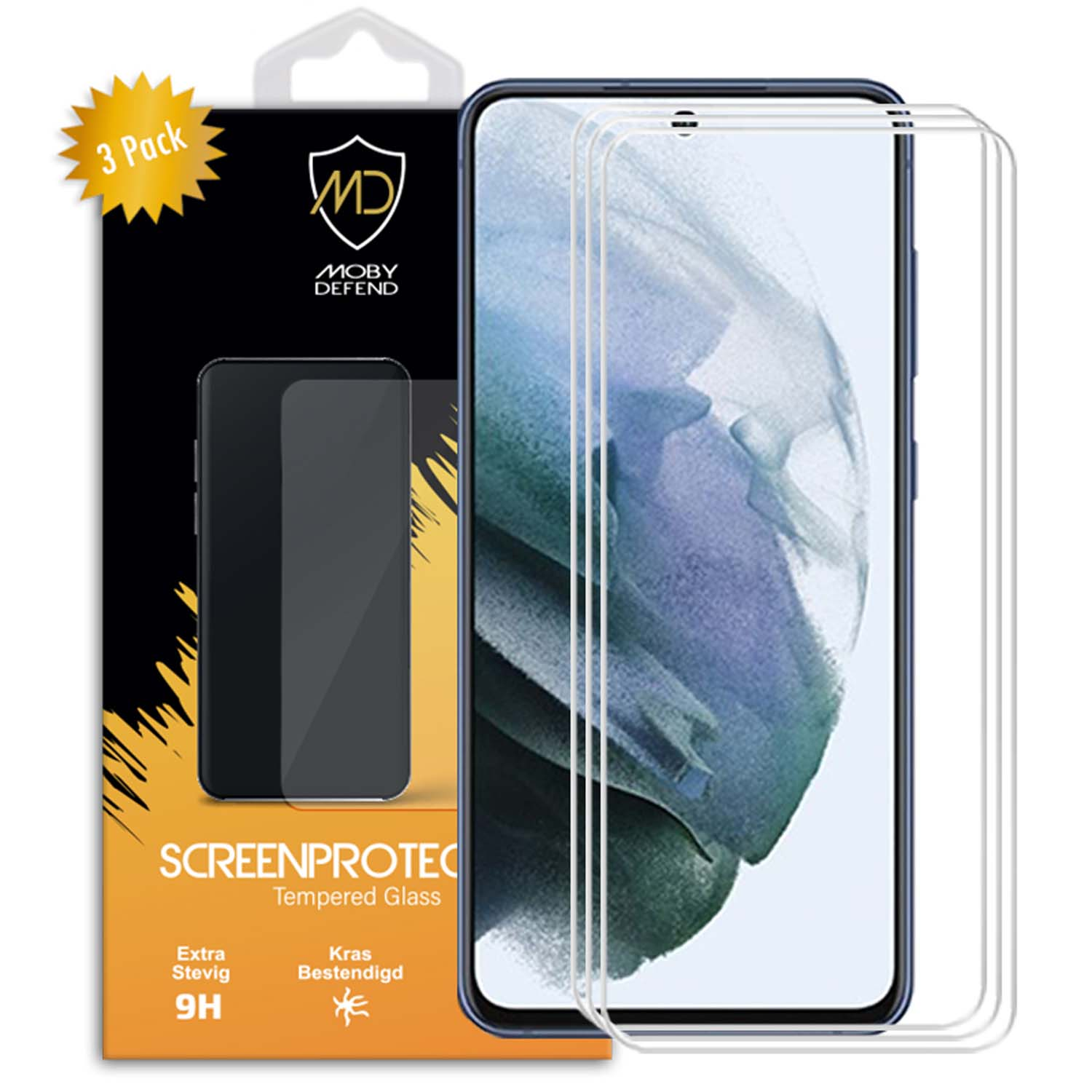 Téléphone avec protecteurs d'écran. 3 protecteurs. L'écran affiche un fond blanc et violet. Fond noir.