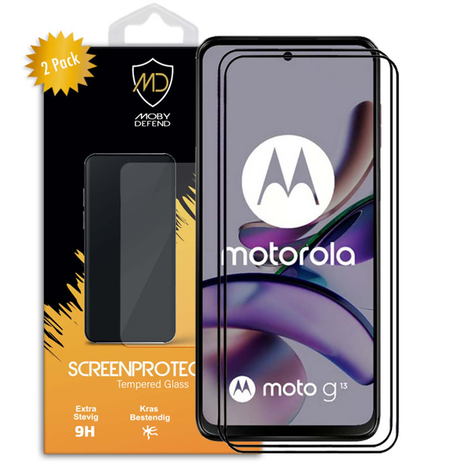 Telefoon met schermbeschermer. Verpakking met tekst. Telefoonscherm toont het woord 'motorola' en 'moto g13'.