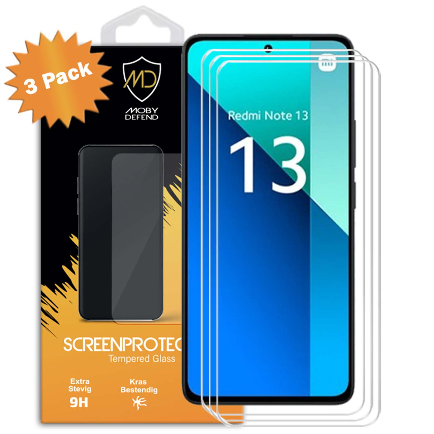 Téléphone avec protections d'écran dans l'emballage. L'écran affiche Redmi Note 13.