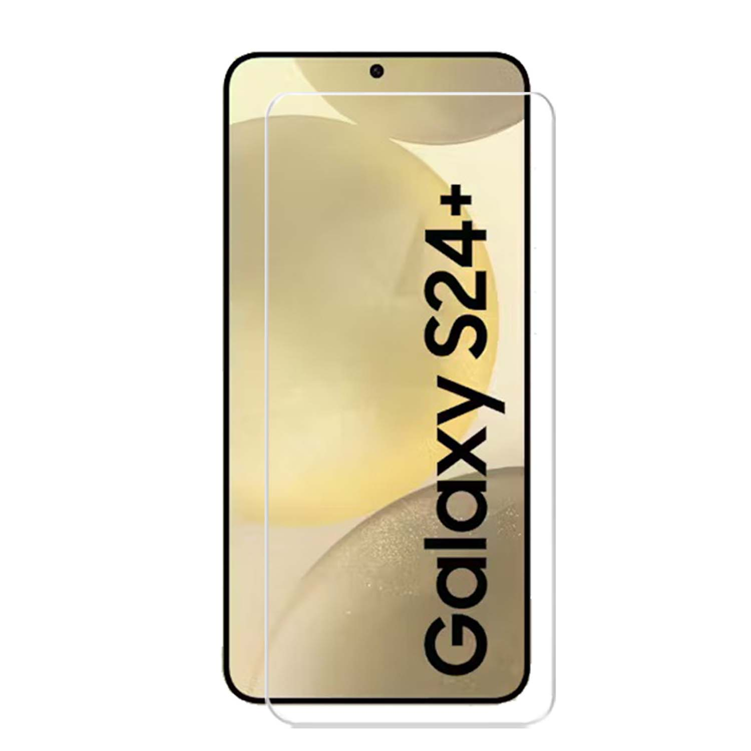 Téléphone avec protecteur d'écran. L'écran du téléphone affiche le texte 'Galaxy S24+'. Superposition de verre protecteur.