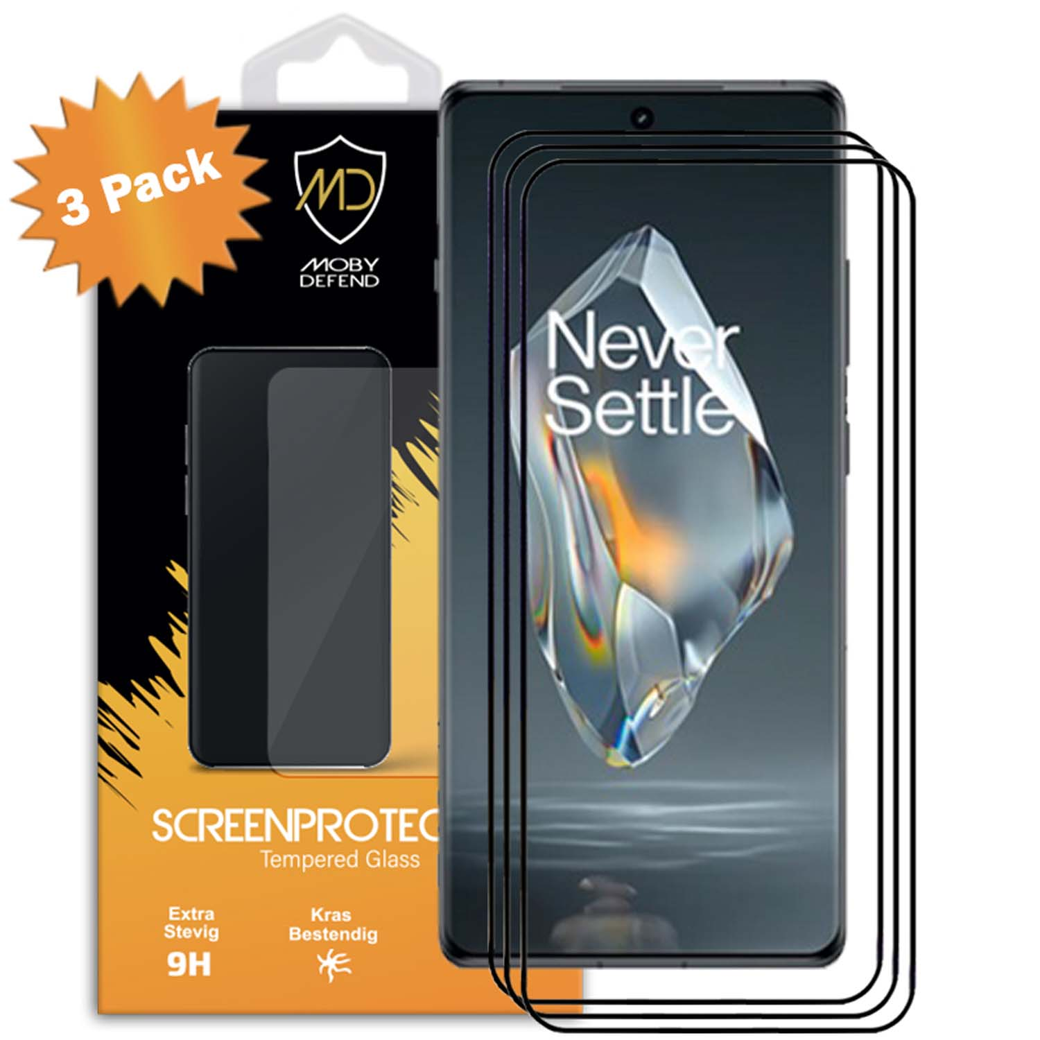 Téléphone avec protecteur d'écran, boîte avec logo et info. Pack de 3.