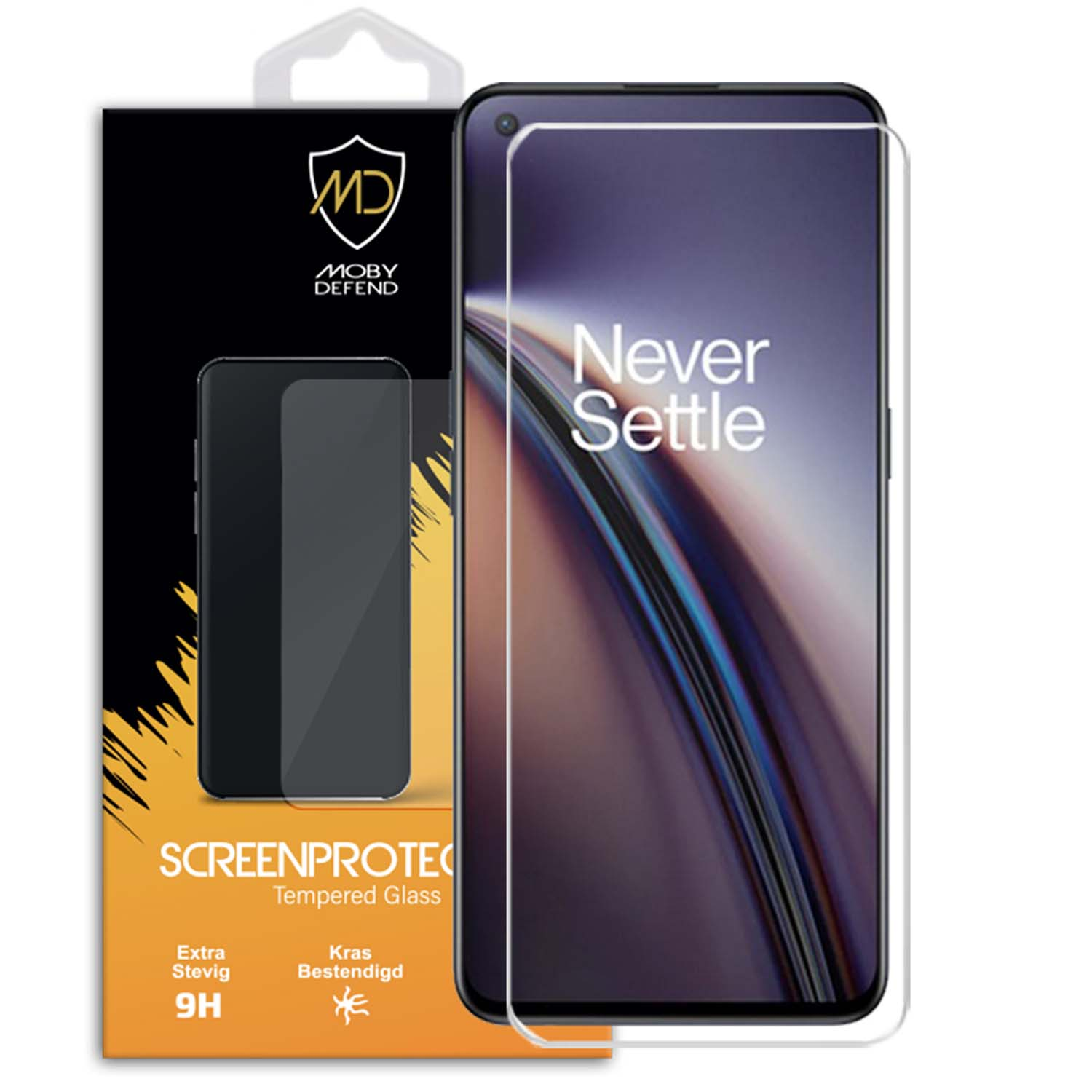 OnePlus telefoonscherm en schermbeschermer verpakking. Verpakking toont telefoon en beschermer.