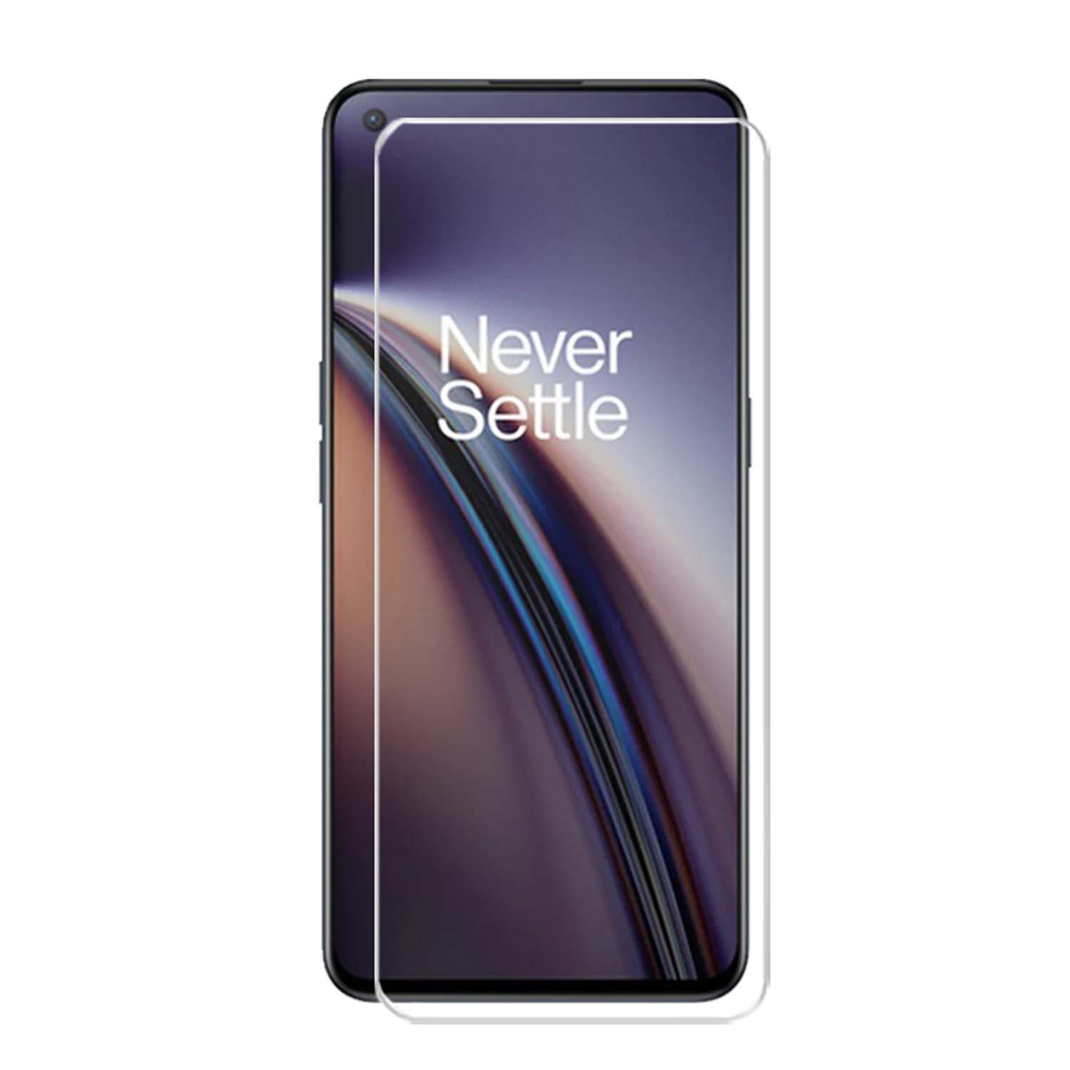 Un smartphone avec un protecteur d'écran appliqué, avec les mots 'Never Settle' sur l'écran.