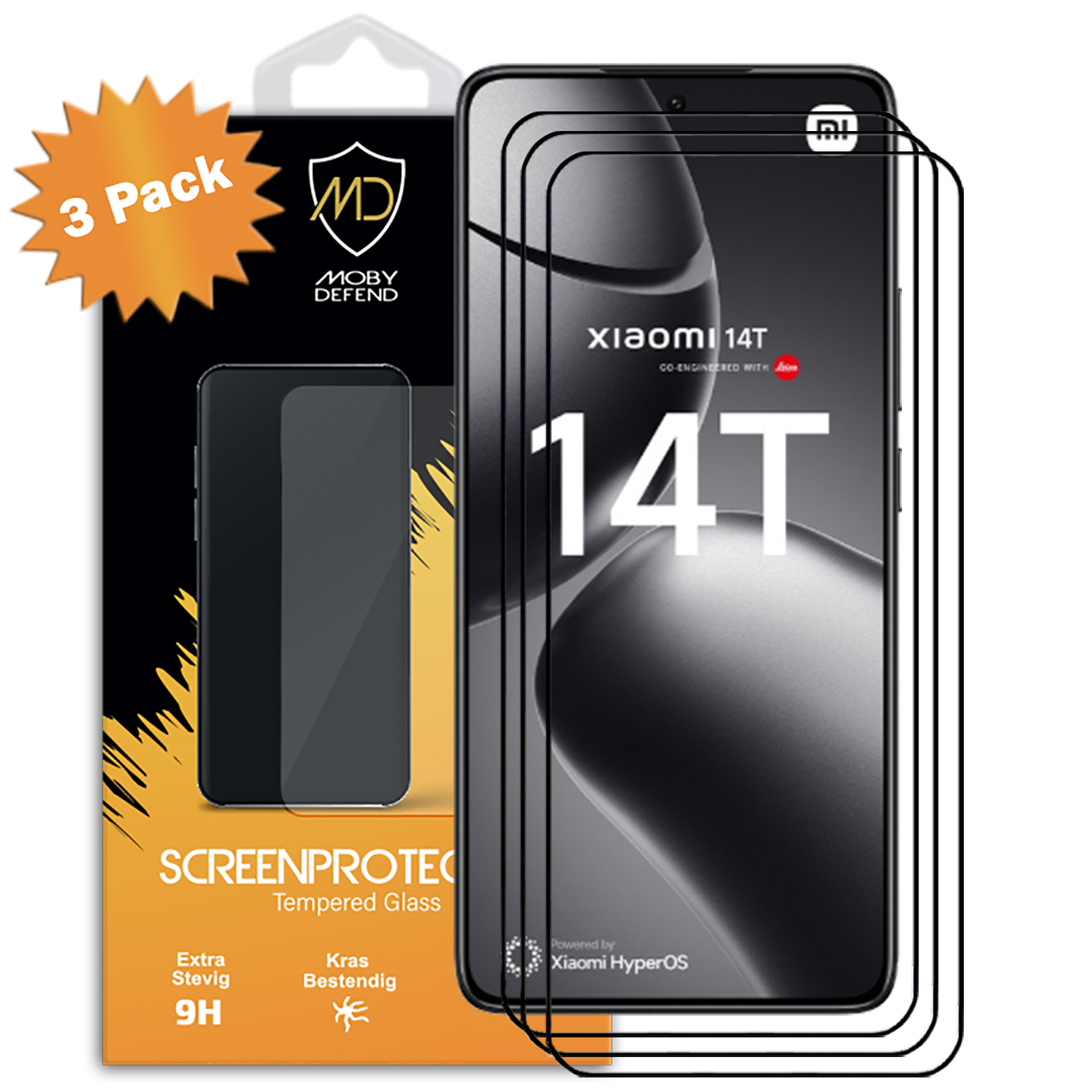 Téléphone avec protecteurs d'écran et boîte. Le téléphone affiche le texte Xiaomi 14T.