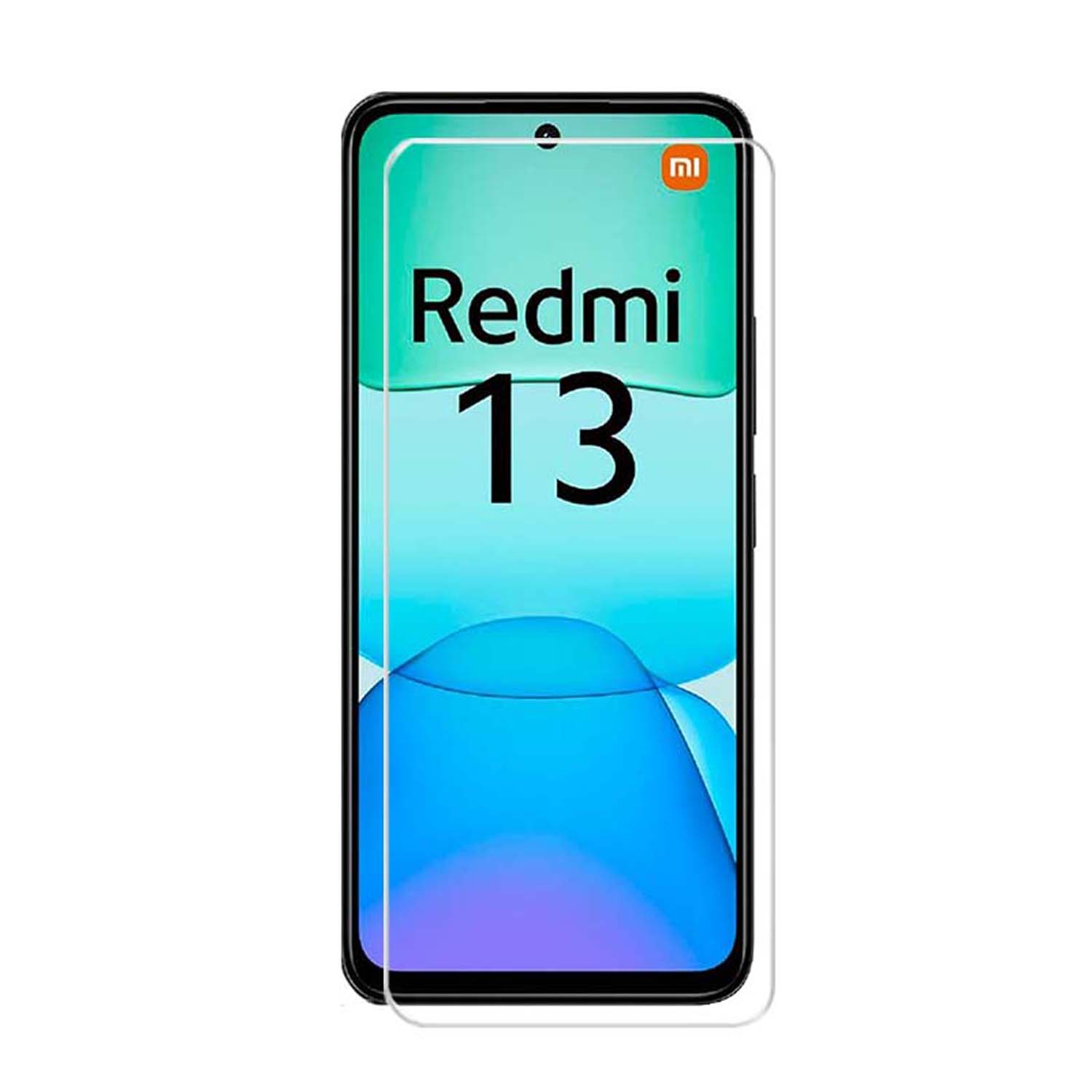 Een telefoon met schermbeschermer, met Redmi 13 op het scherm.