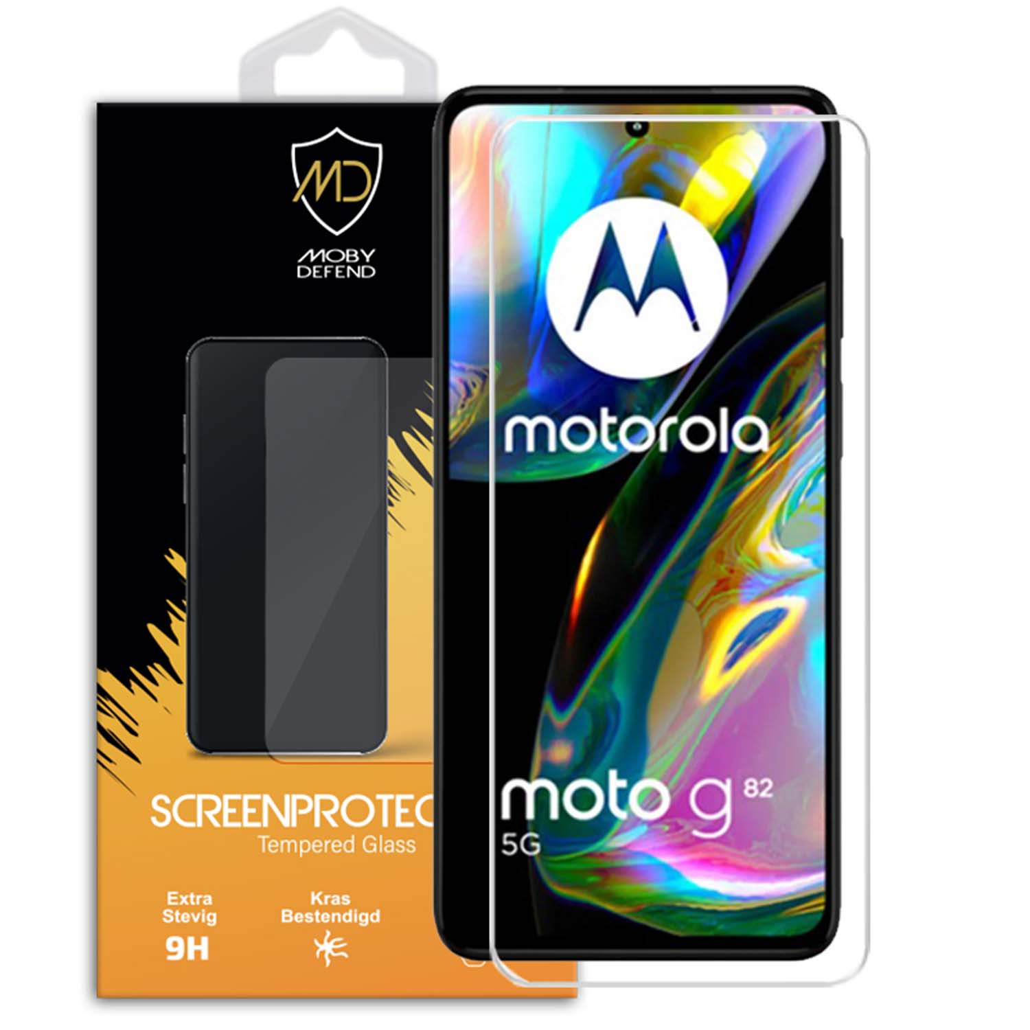 Téléphone avec protecteur d'écran. Emballage avec texte. L'écran du téléphone affiche le mot 'motorola' et 'moto g82'.