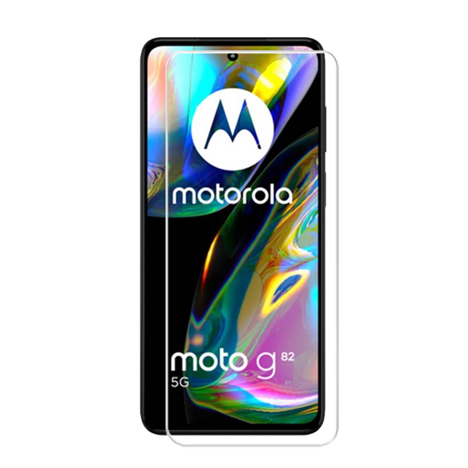 Smartphone avec protecteur d'écran. L'écran affiche un fond blanc avec 'motorola moto g82 5G'.