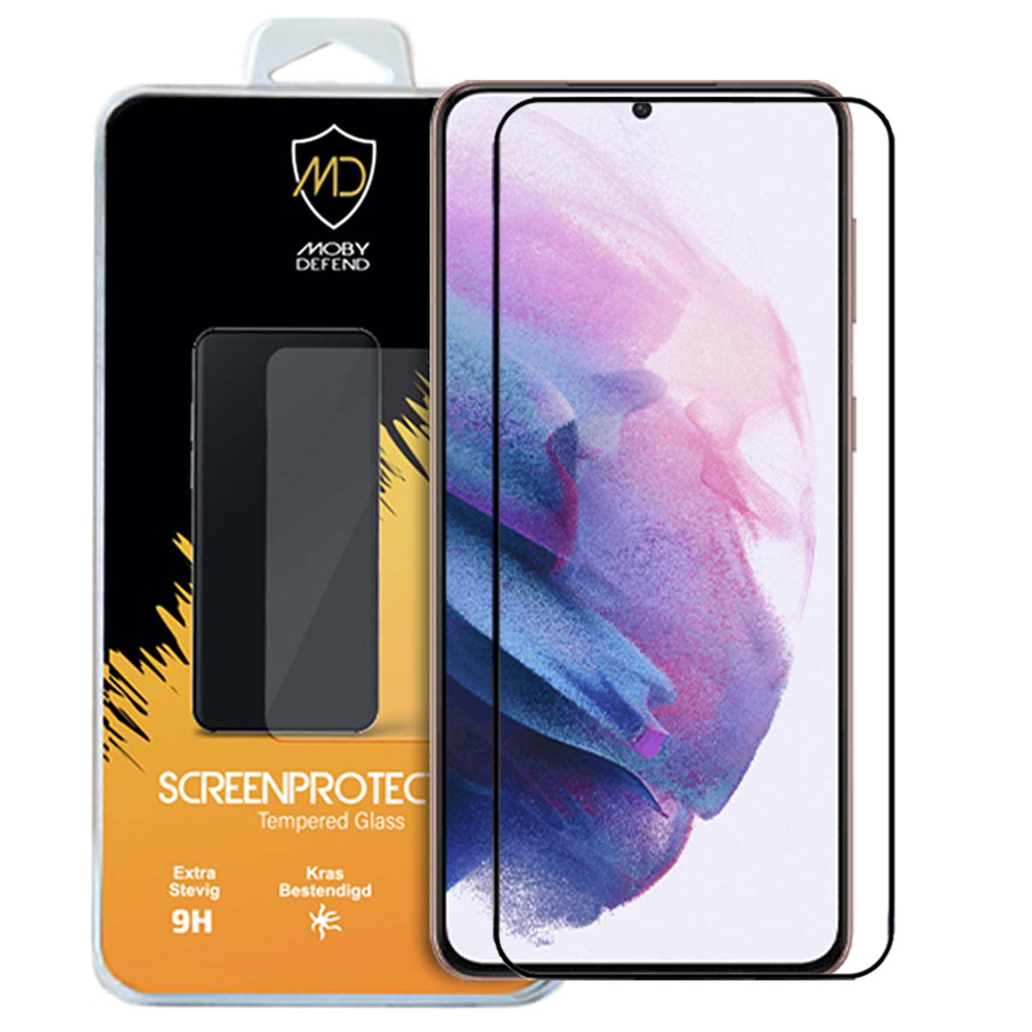Emballage de protecteur d'écran avec deux protecteurs. Montre un téléphone avec un fond noir.