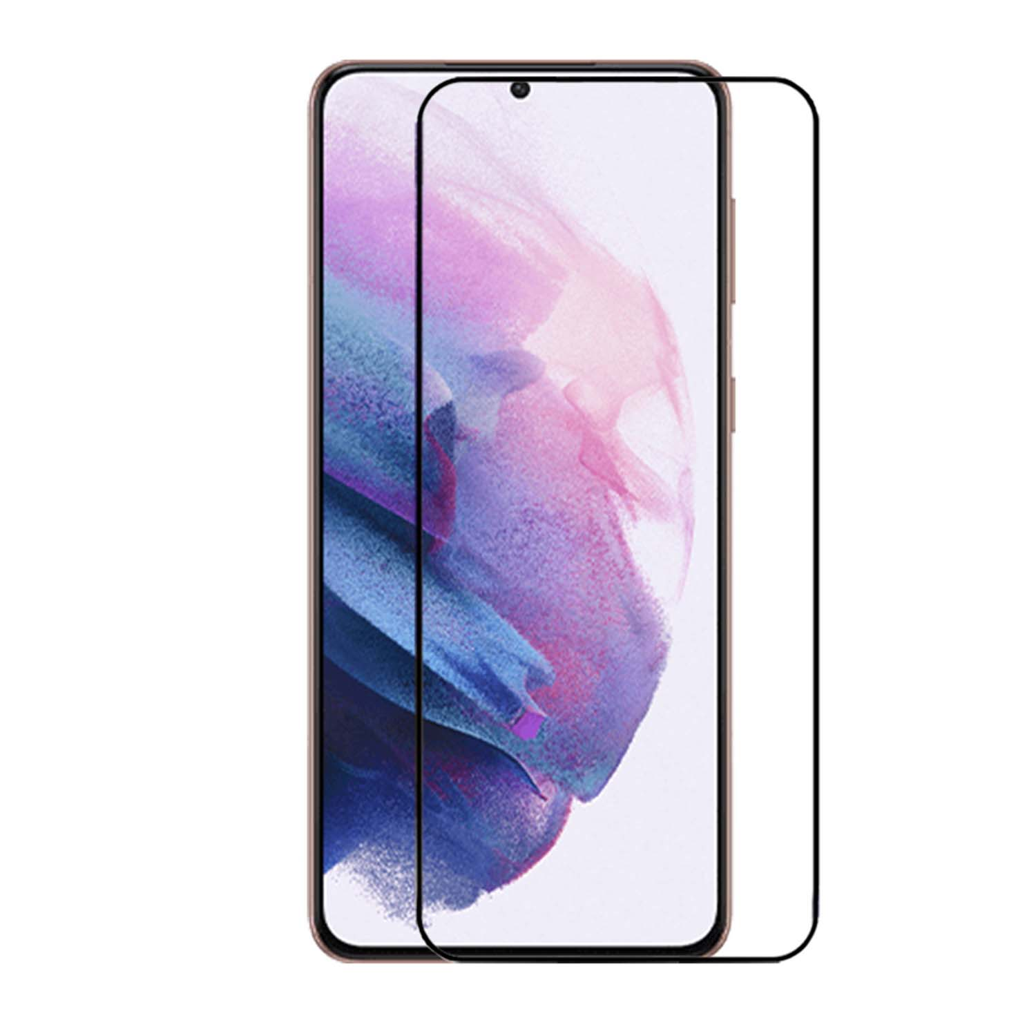 Un téléphone avec protecteur d'écran. Le fond a un design rose et violet.
