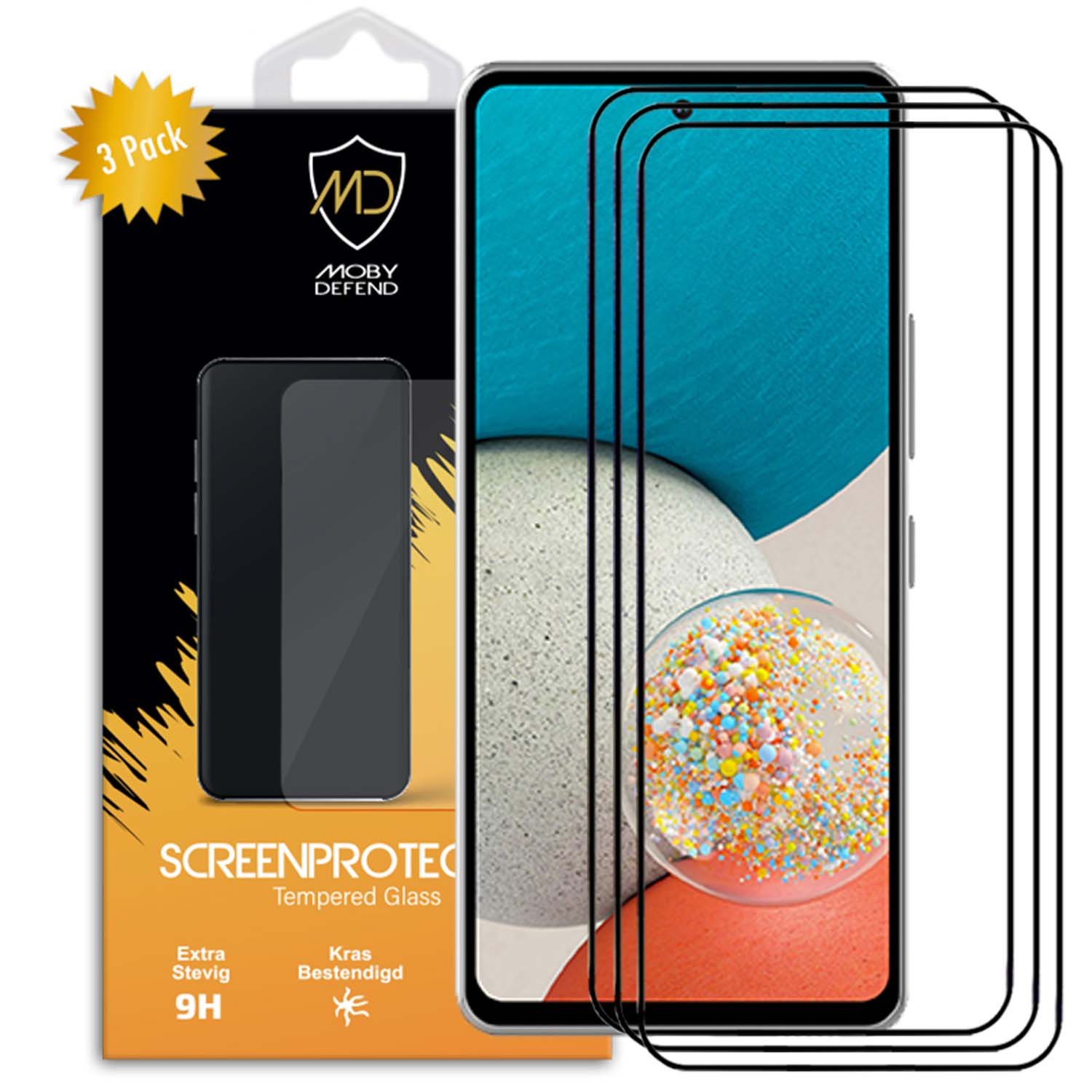 Protecteurs d'écran et téléphone. Samsung Galaxy A53. Trois protecteurs et emballage visibles.