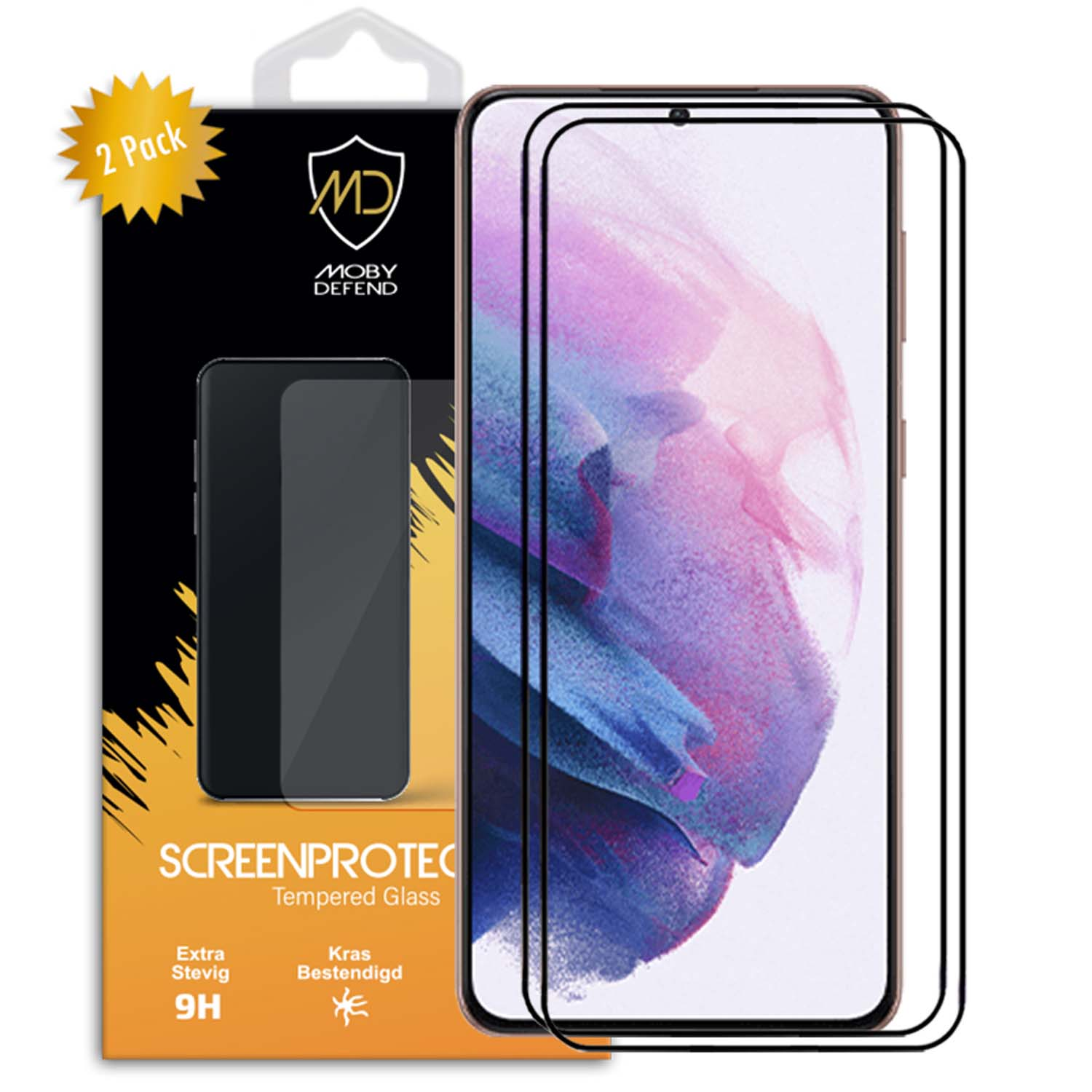 Téléphone avec protecteur d'écran, boîte avec logo et info. Pack de 2.