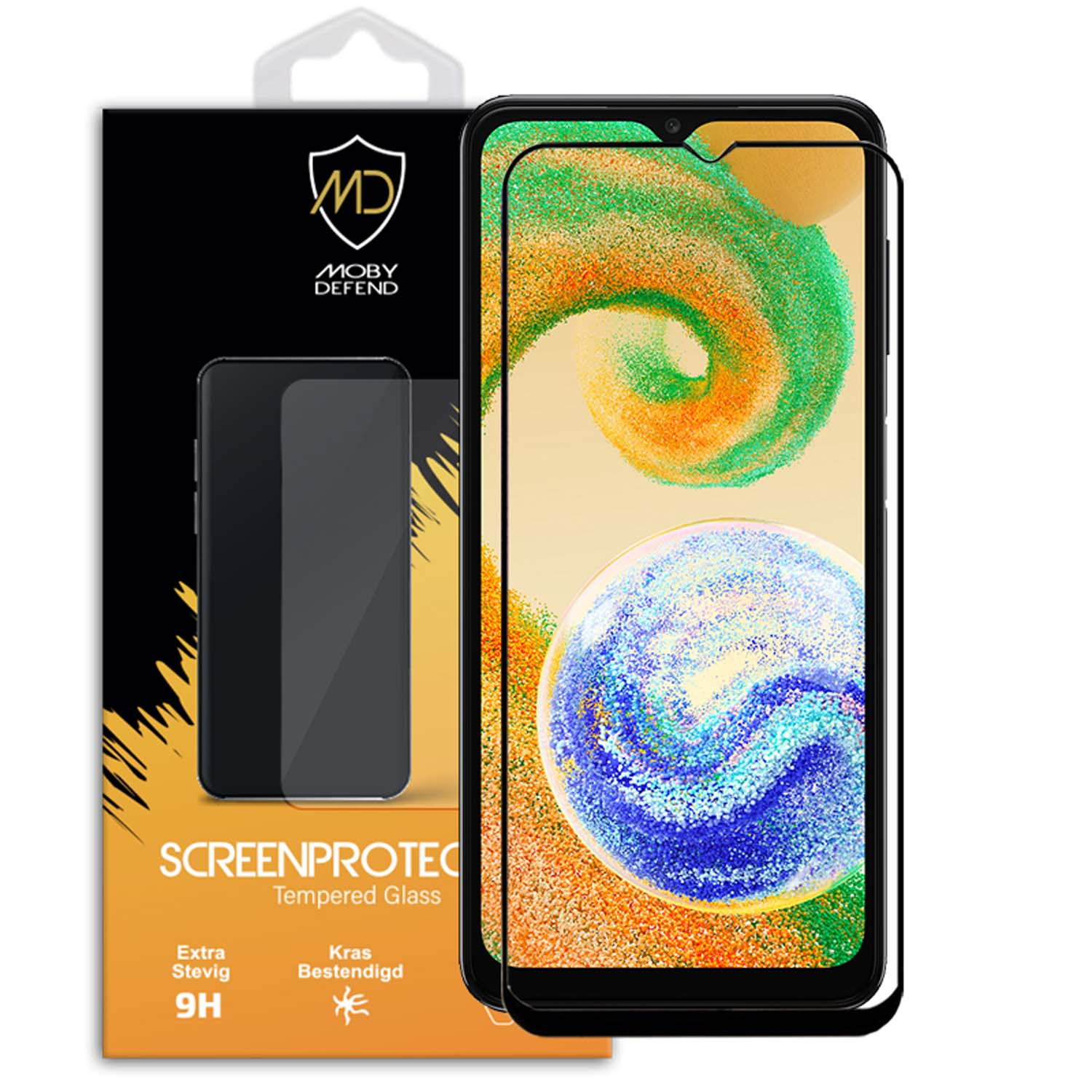 Een schermbeschermer voor een smartphone. De doos heeft de merknaam en de telefoon staat rechts.