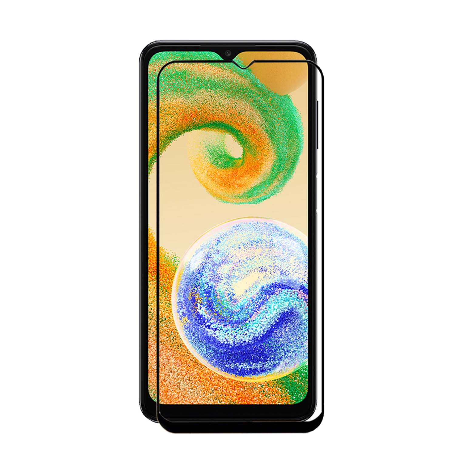 Een smartphone met een schermbeschermer. Het scherm heeft een kleurrijk abstract ontwerp.