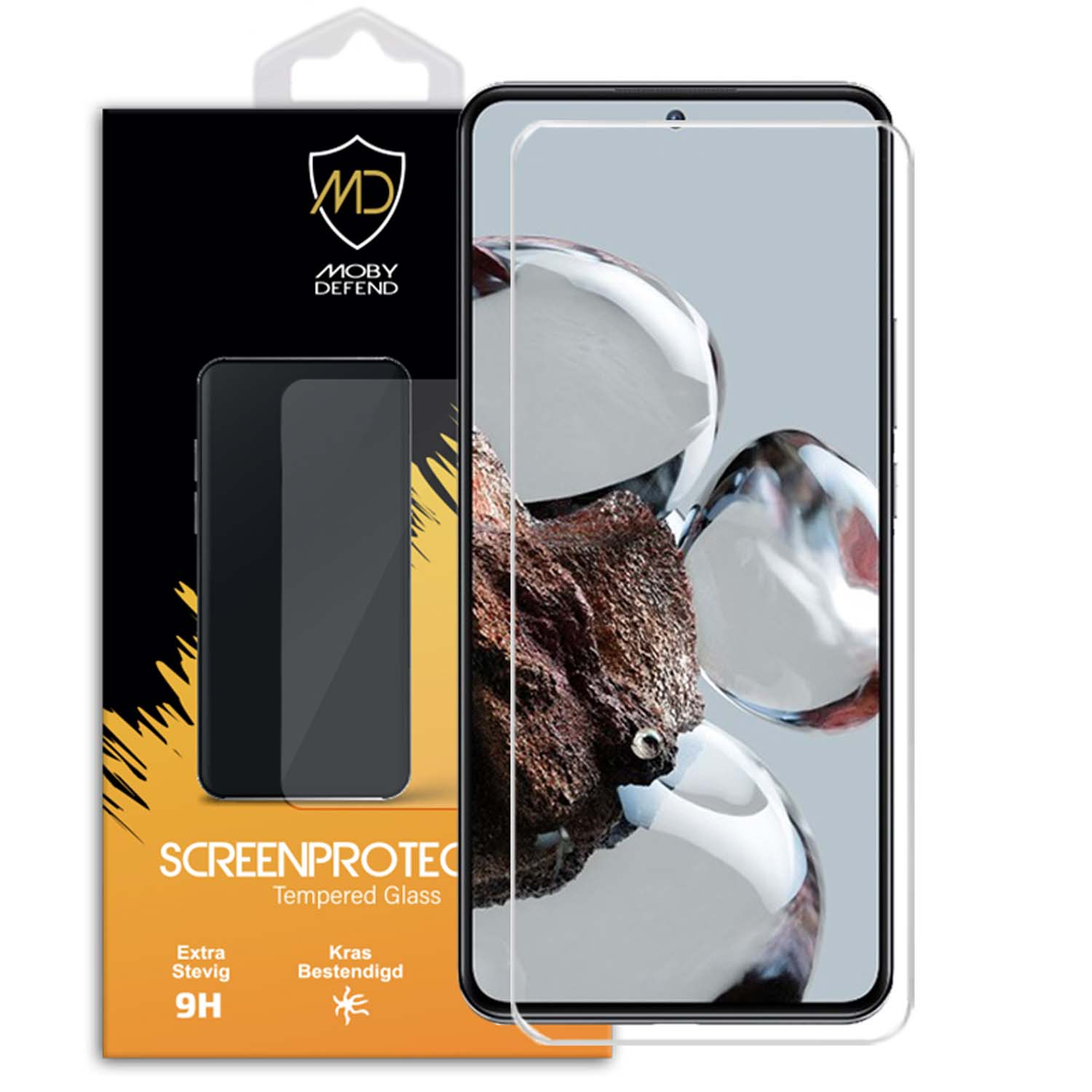 Doos met screenprotectors en een smartphone. Het telefoonscherm toont een getextureerde achtergrond.