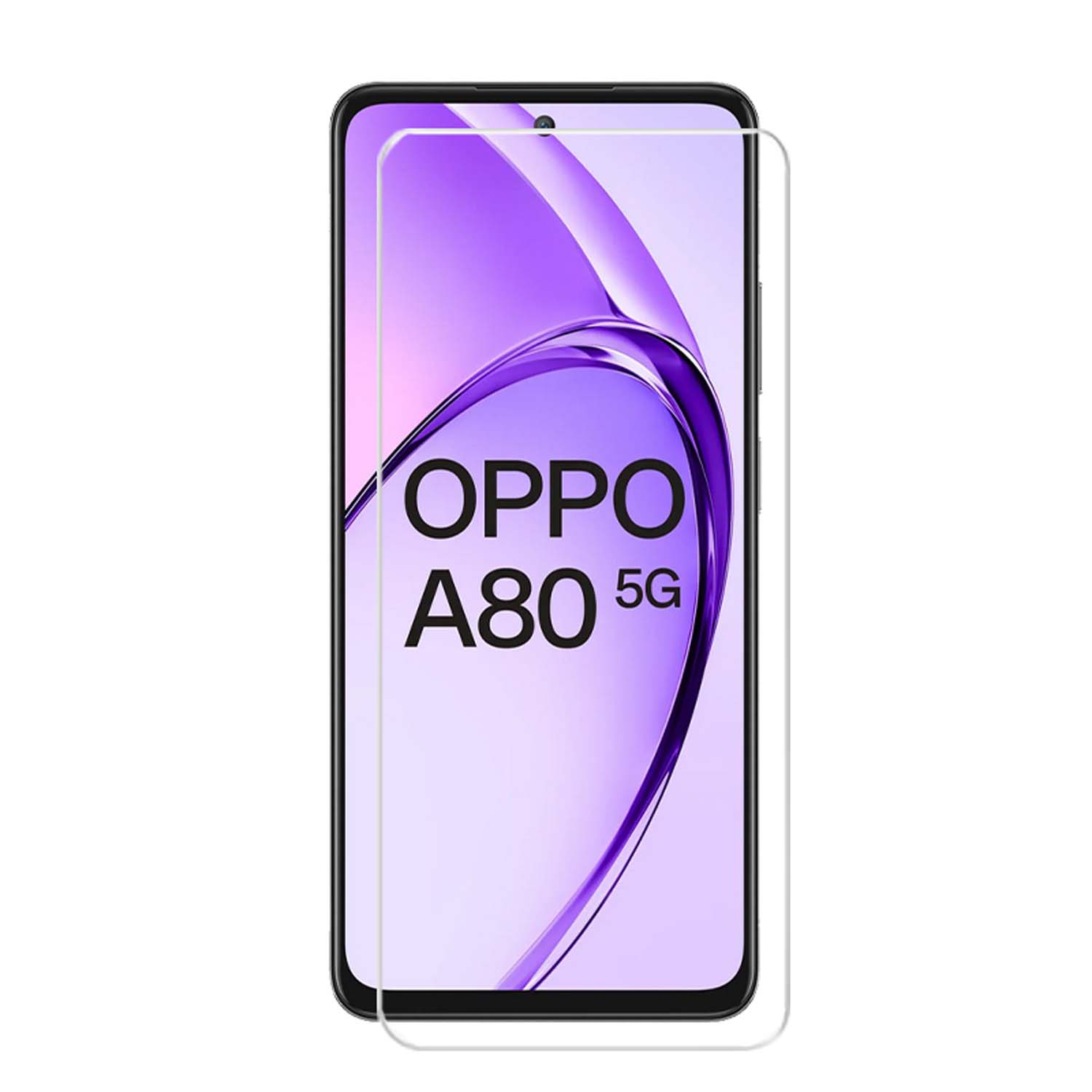 Un smartphone avec un protecteur d'écran. L'écran affiche les mots 'OPPO A80 5G'.