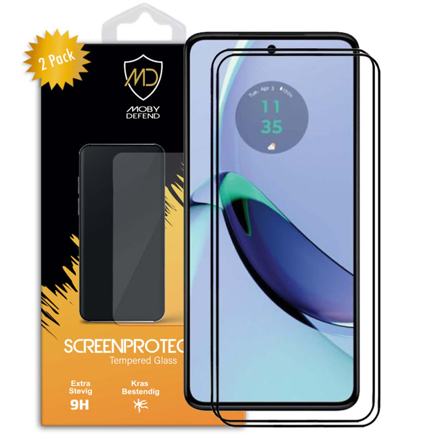 Téléphone avec protecteur d'écran et emballage. L'écran affiche l'heure et la date.