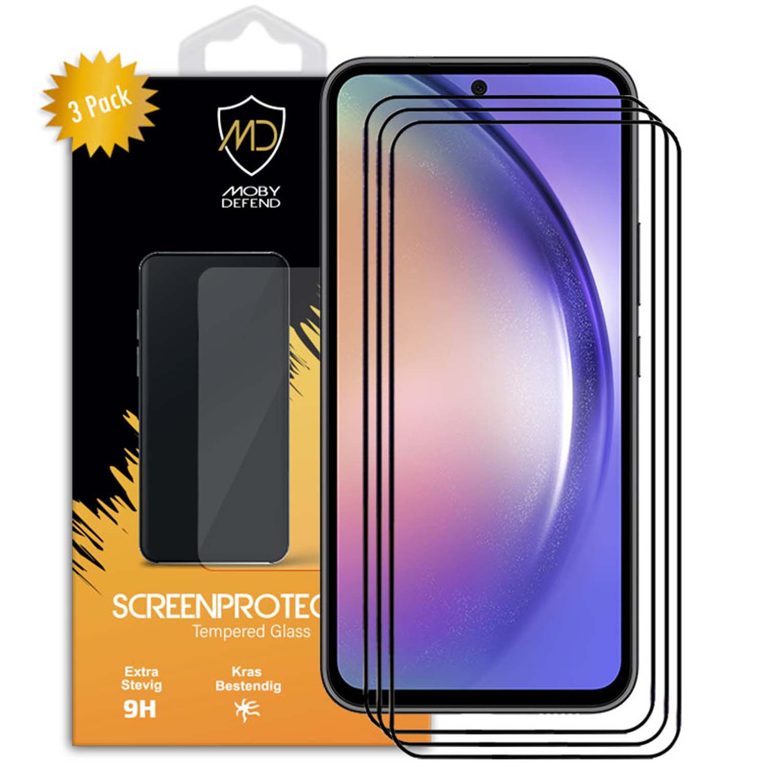 Schermbeschermers voor telefoon in een 3-pack, met een paarse afbeelding.