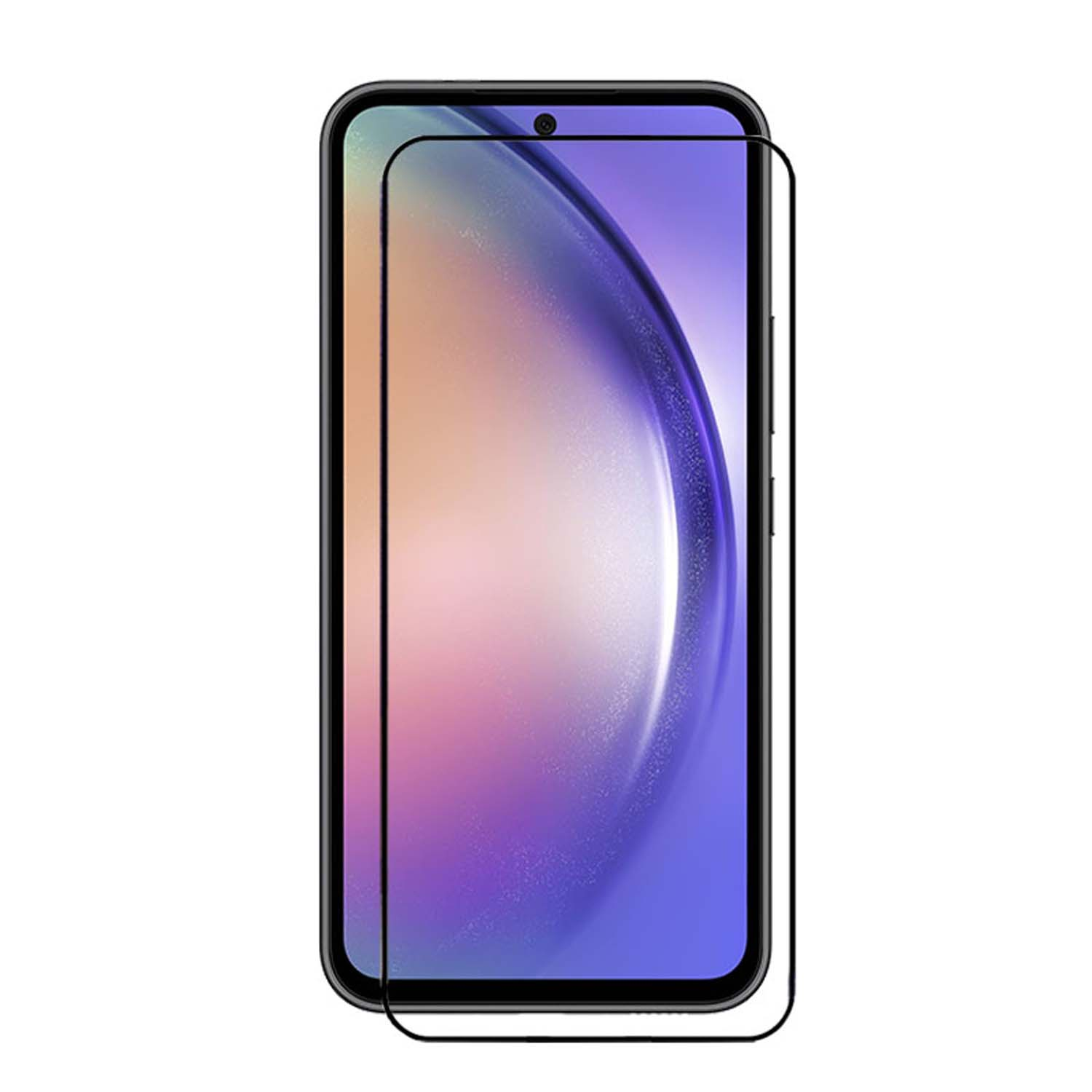 Smartphone met screenprotector. Het scherm toont een paarse en grijze abstracte achtergrond.
