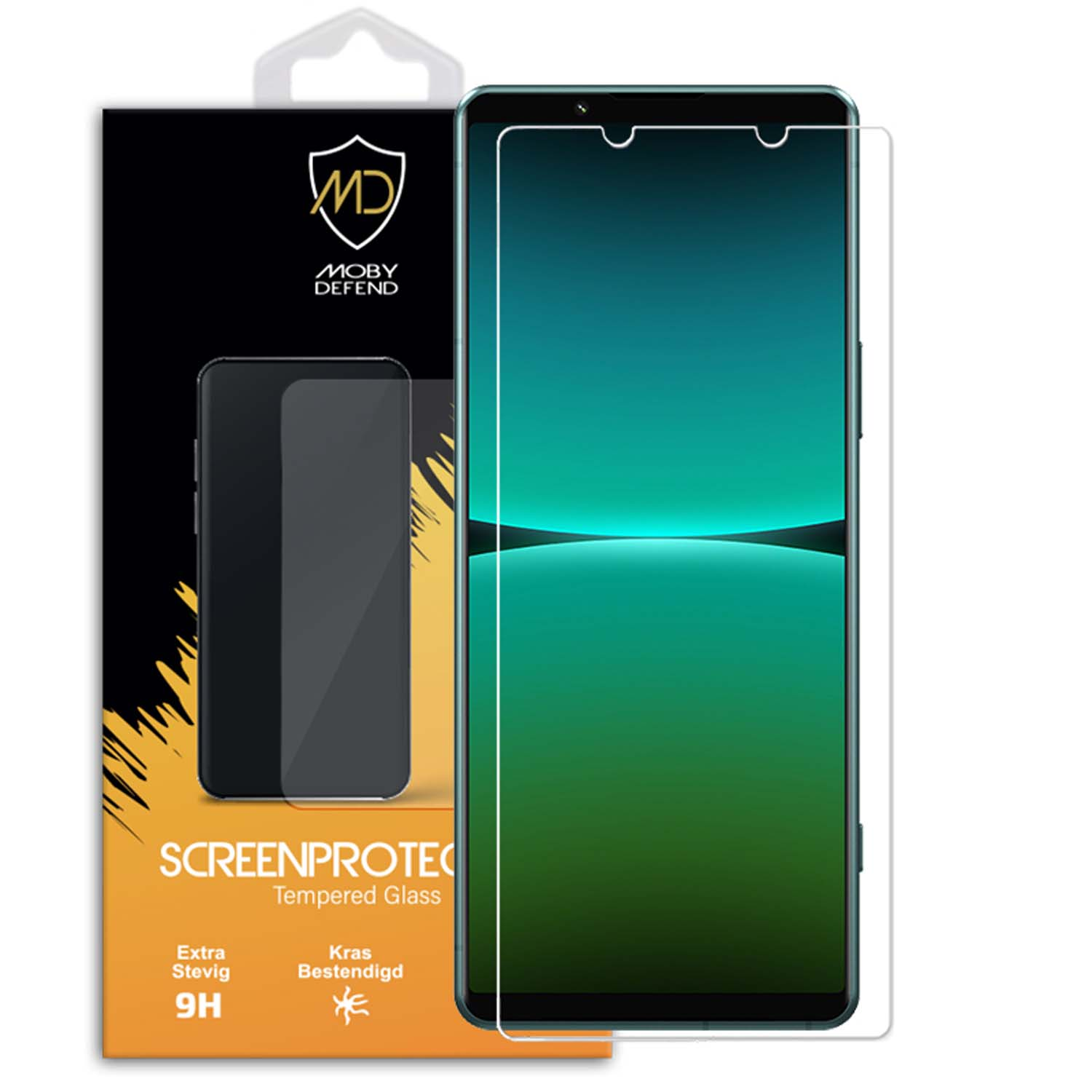 Telefoon met schermbeschermer. Groen en blauwe achtergrond. De camera van de telefoon is zichtbaar.