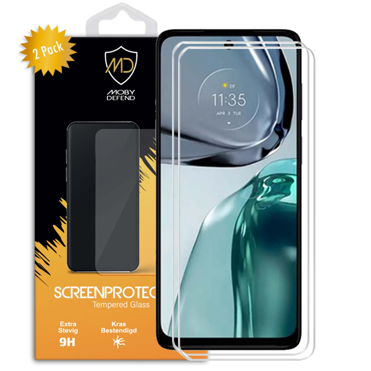 Een telefoon en schermbeschermers. Een doos toont de telefoon en beschermers, het scherm zichtbaar.