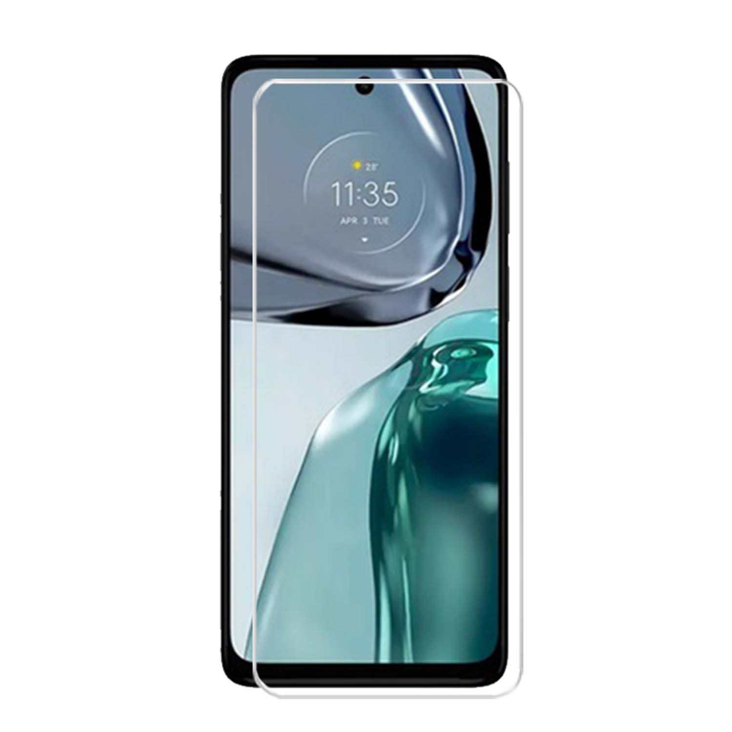 Een telefoonscherm met beschermglas. Toont de datum en tijd.