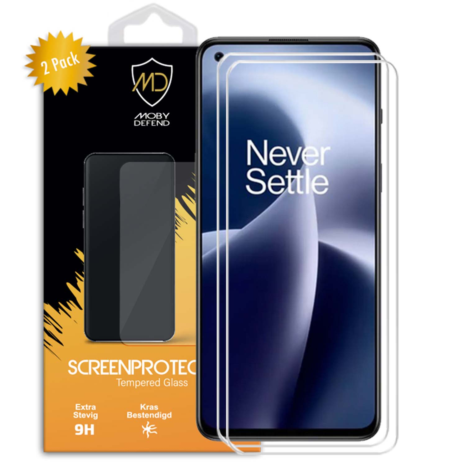 Protection d'écran 2 pièces avec emballage pour téléphone. L'écran dit 'Never Settle'.
