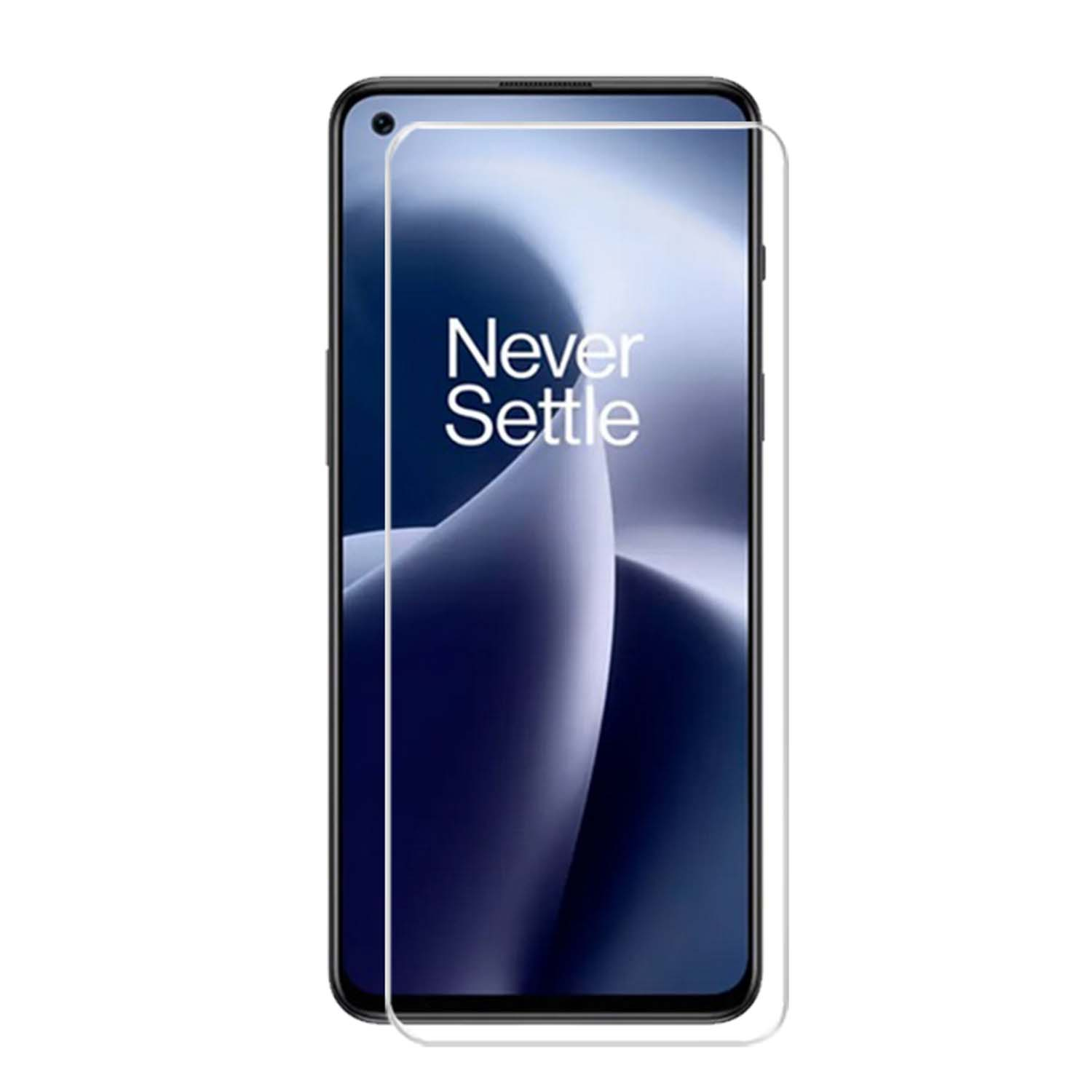 Een smartphone met een schermbeschermer, met de tekst 'Never Settle'.