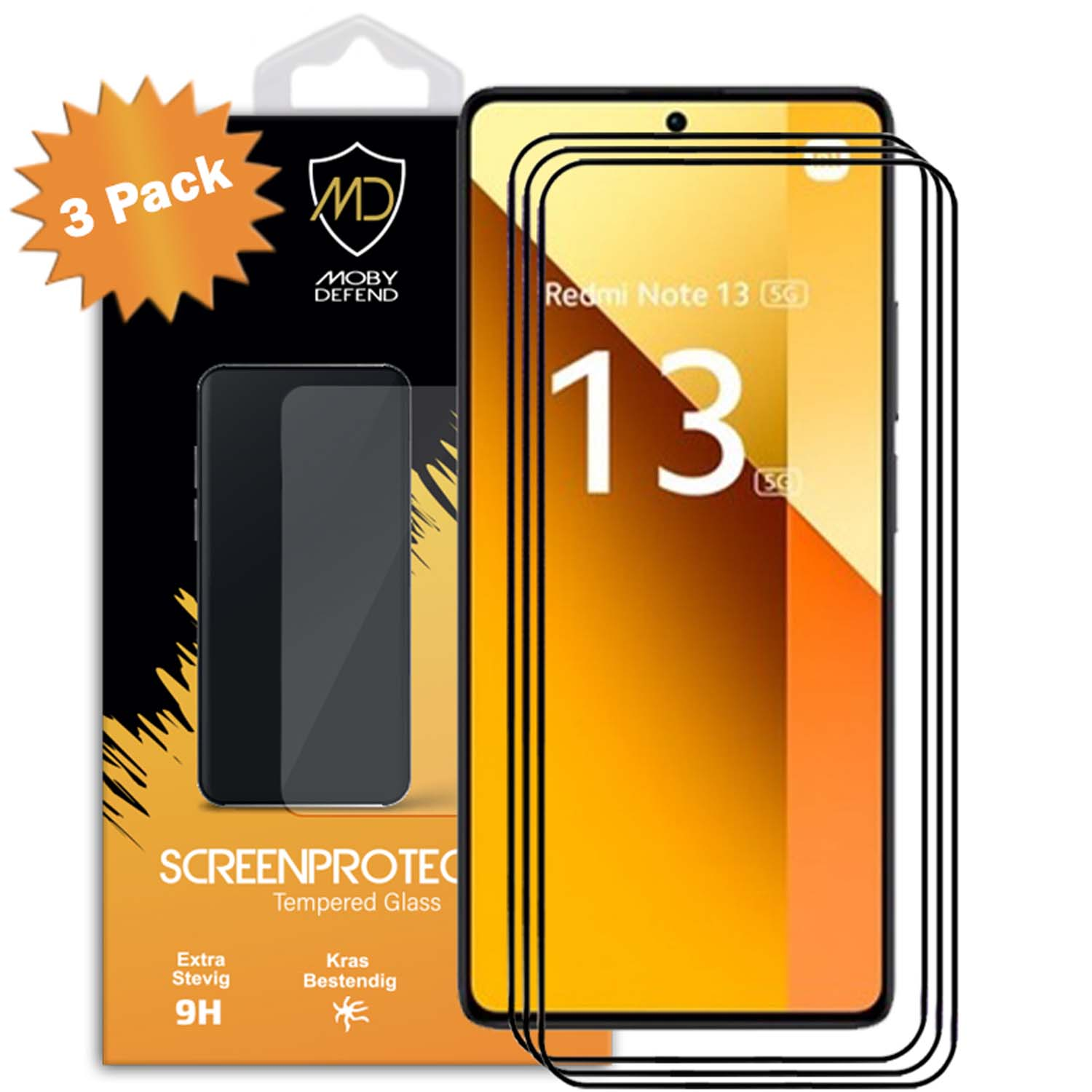 Un lot de 3 protecteurs d'écran pour un Redmi Note 13 5G. Boîte avec nom de marque. Le téléphone affiche l'écran.