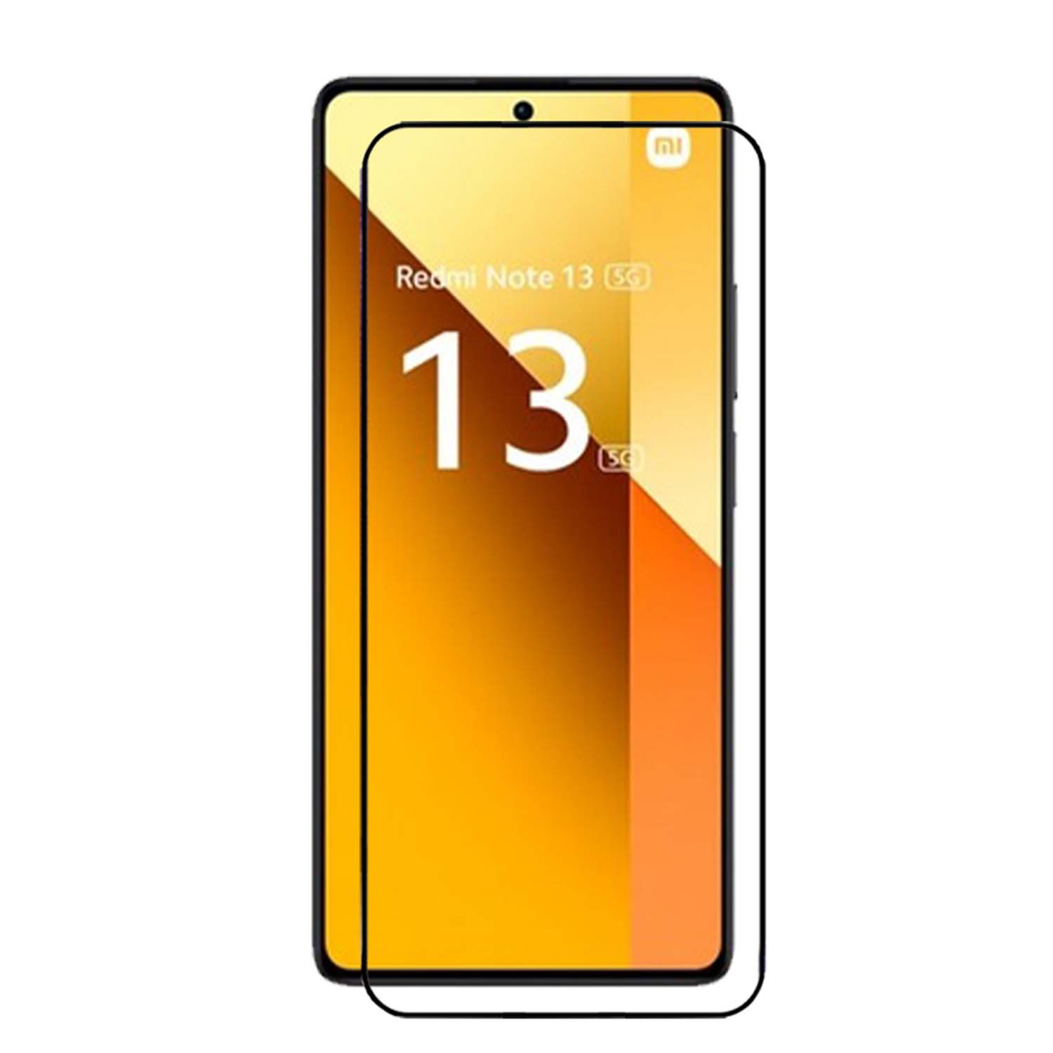 Téléphone avec protecteur d'écran. Texte : Redmi Note 13 5G, 13. Couleurs ambre et noir.