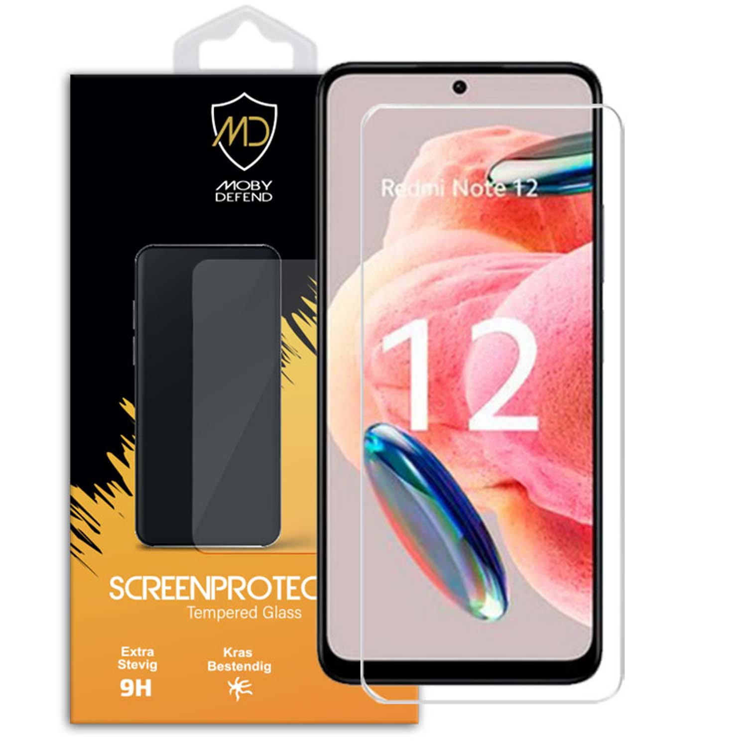 Telefoonschermbeschermer voor Redmi Note 12, met gehard glas en Moby Defend.