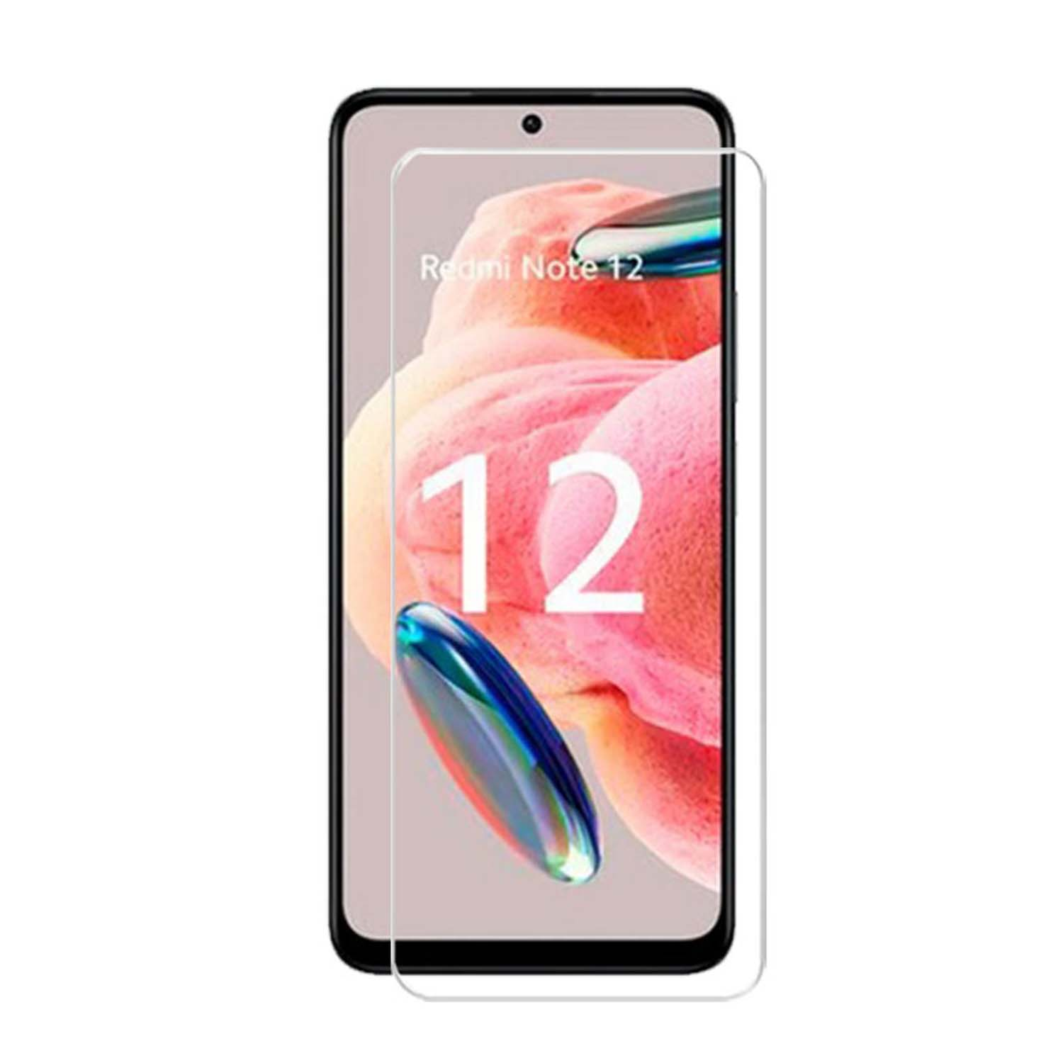 Smartphone avec protection d'écran. Affiche 'Redmi Note 12' et une image abstraite.