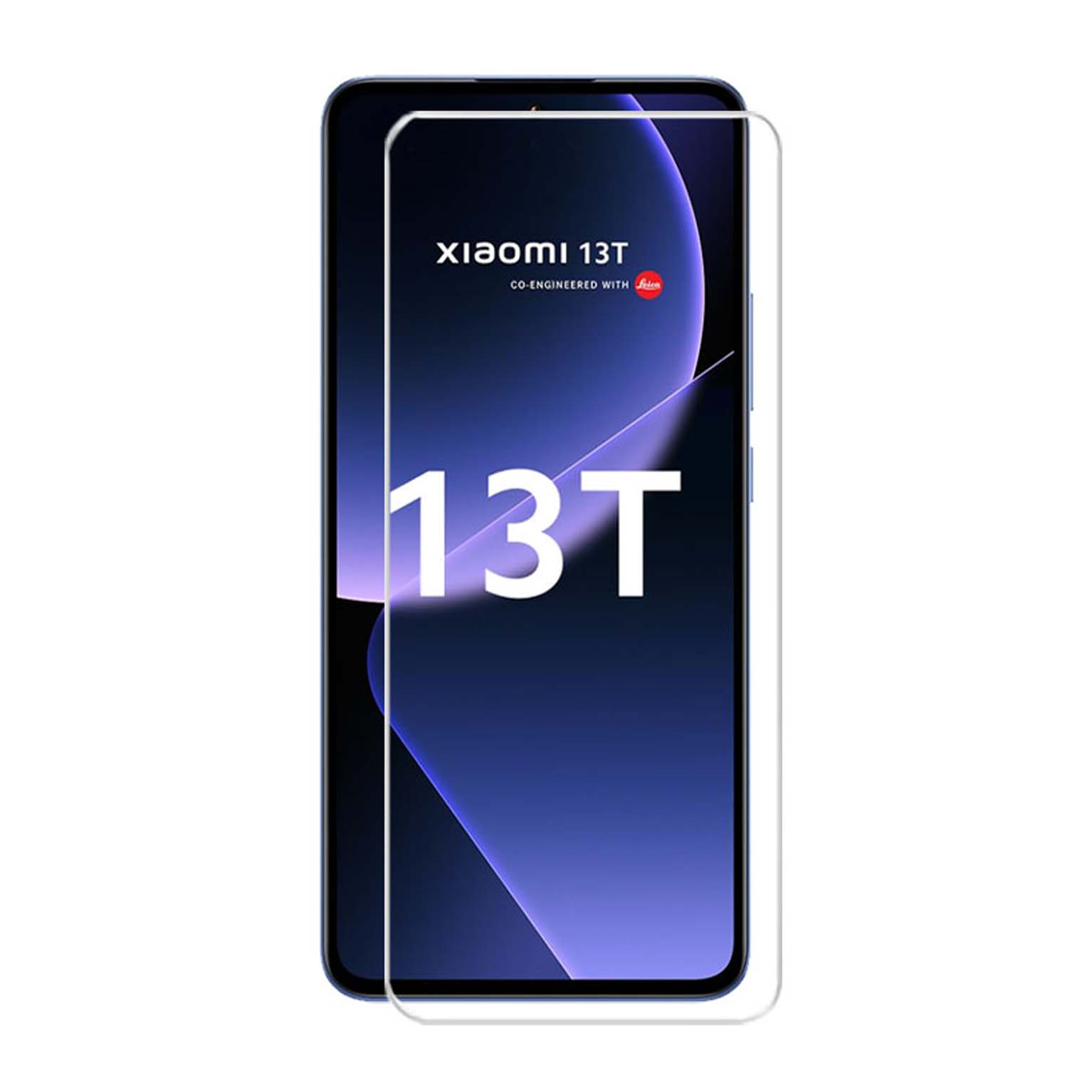Téléphone Xiaomi 13T avec protecteur d'écran. Affiche logo et texte.