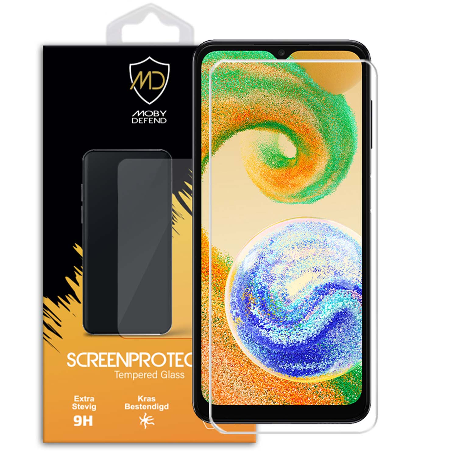 Protecteur d'écran pour téléphone avec le logo de la marque et l'image du téléphone.
