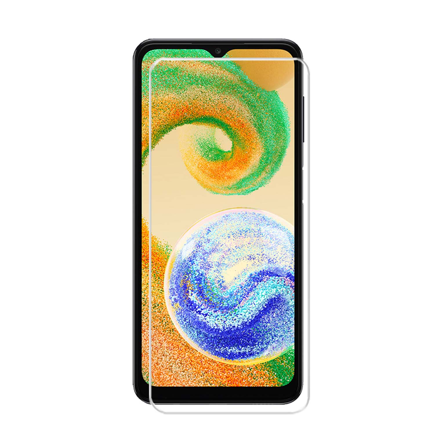 Een smartphone met een schermbeschermer, abstract kleurrijk ontwerp op het scherm.