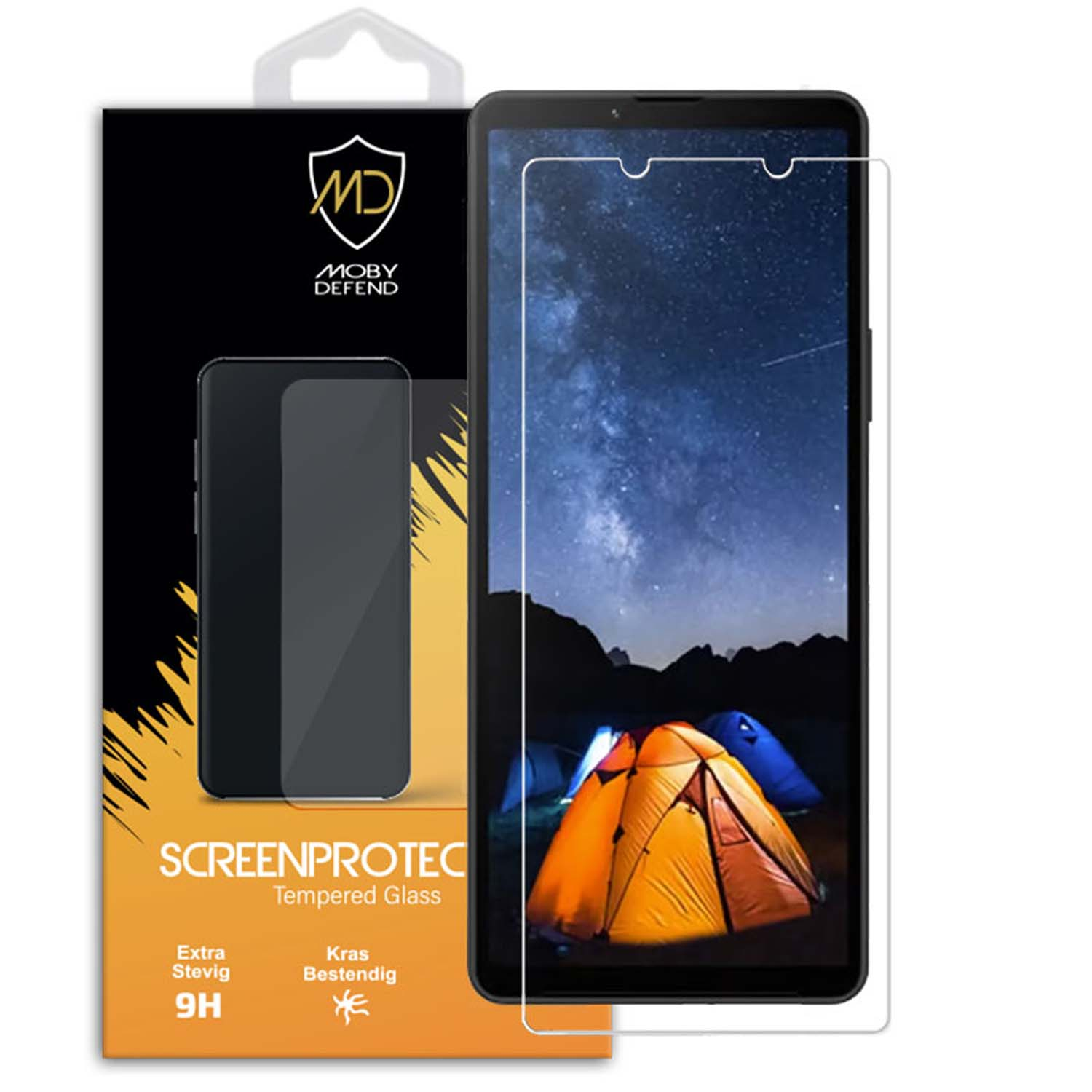 Protection d'écran 2 pièces avec emballage. L'écran montre des tentes de camping la nuit.