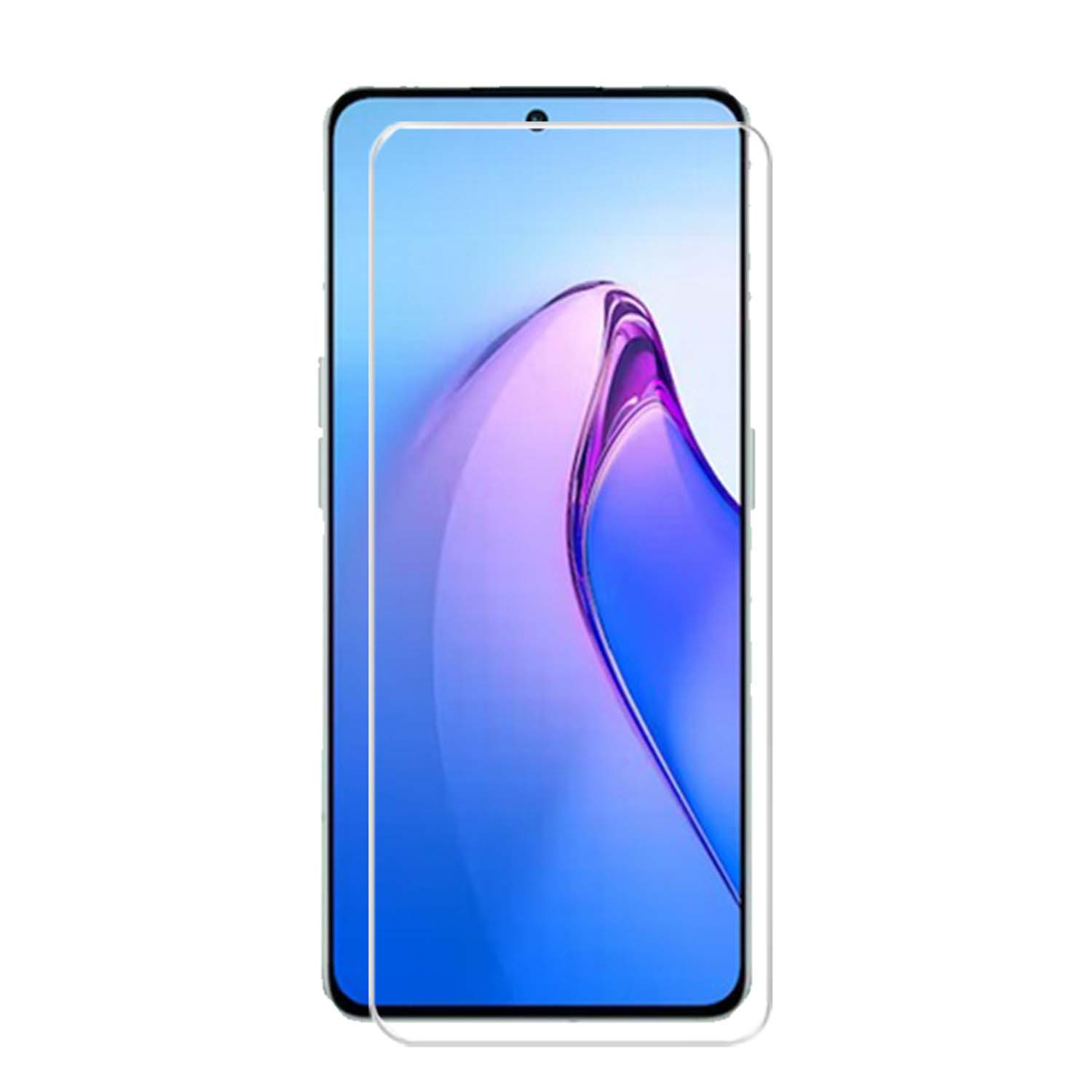 Téléphone avec protecteur d'écran. L'écran a un dégradé bleu. Fond blanc.