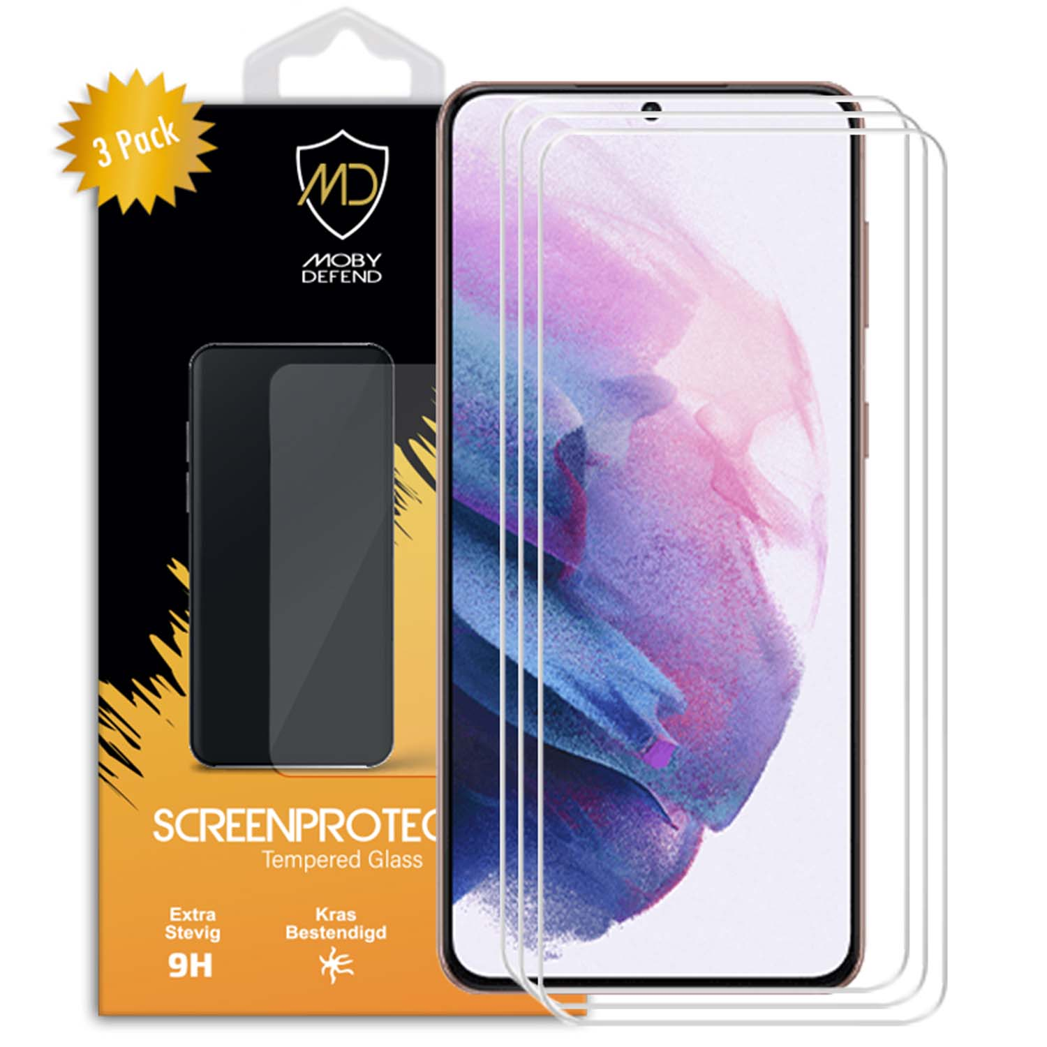 Doos met screenprotectors en een smartphone. Het telefoonscherm toont een witte en grijze achtergrond.