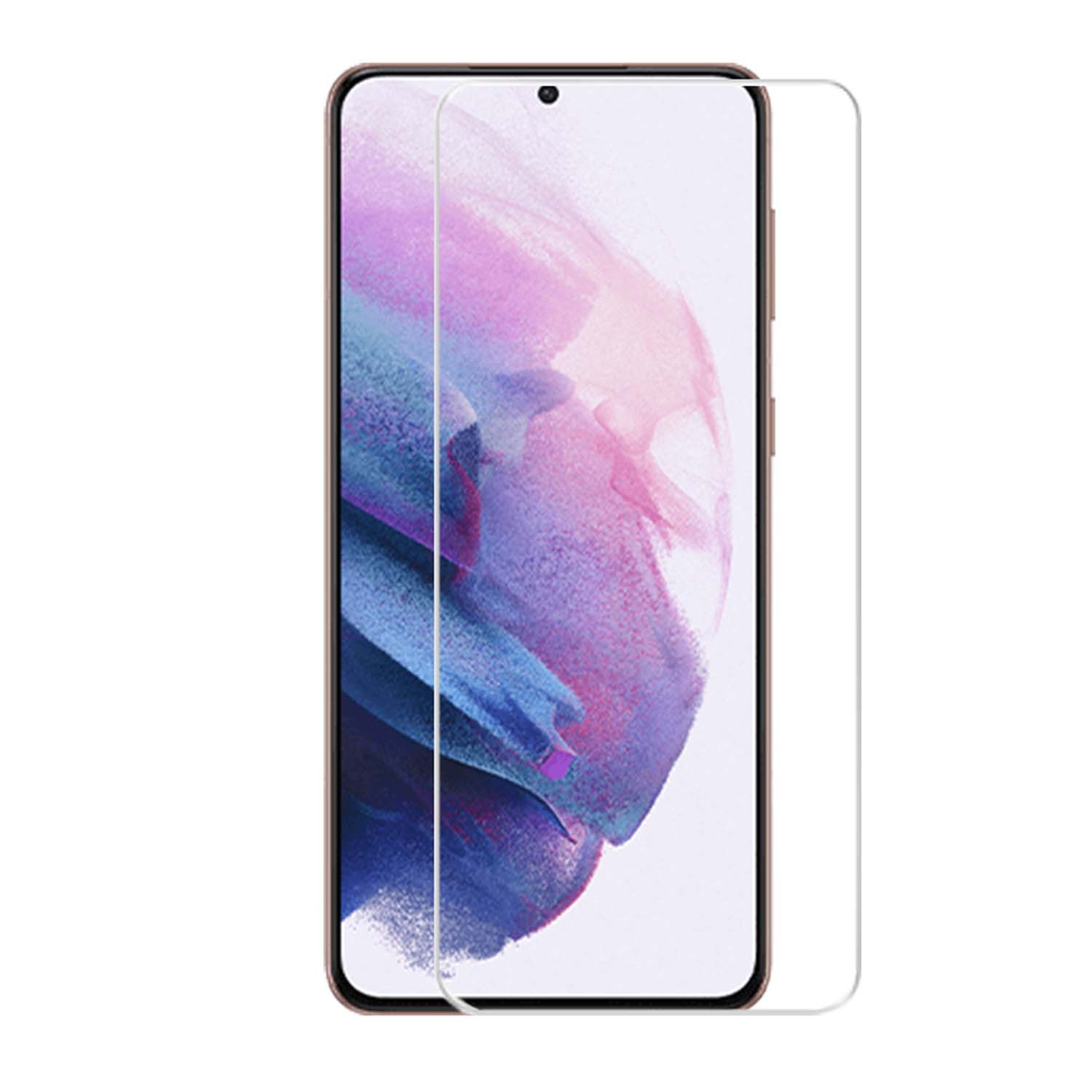 Telefoon met een schermbeschermer. Het scherm heeft een paarse achtergrond. Witte achtergrond.