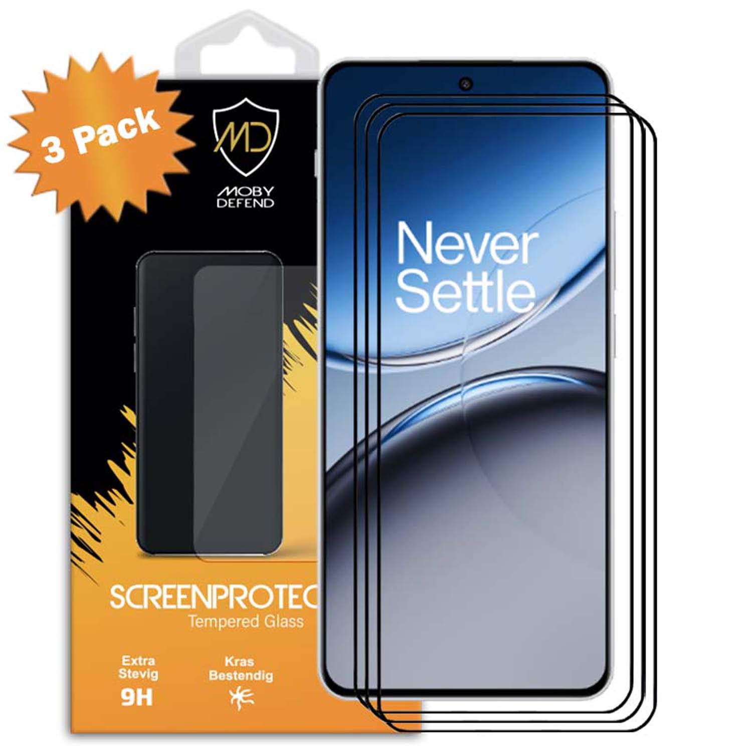 Verpakking met 3 schermbeschermers voor telefoon, naast een telefoon.