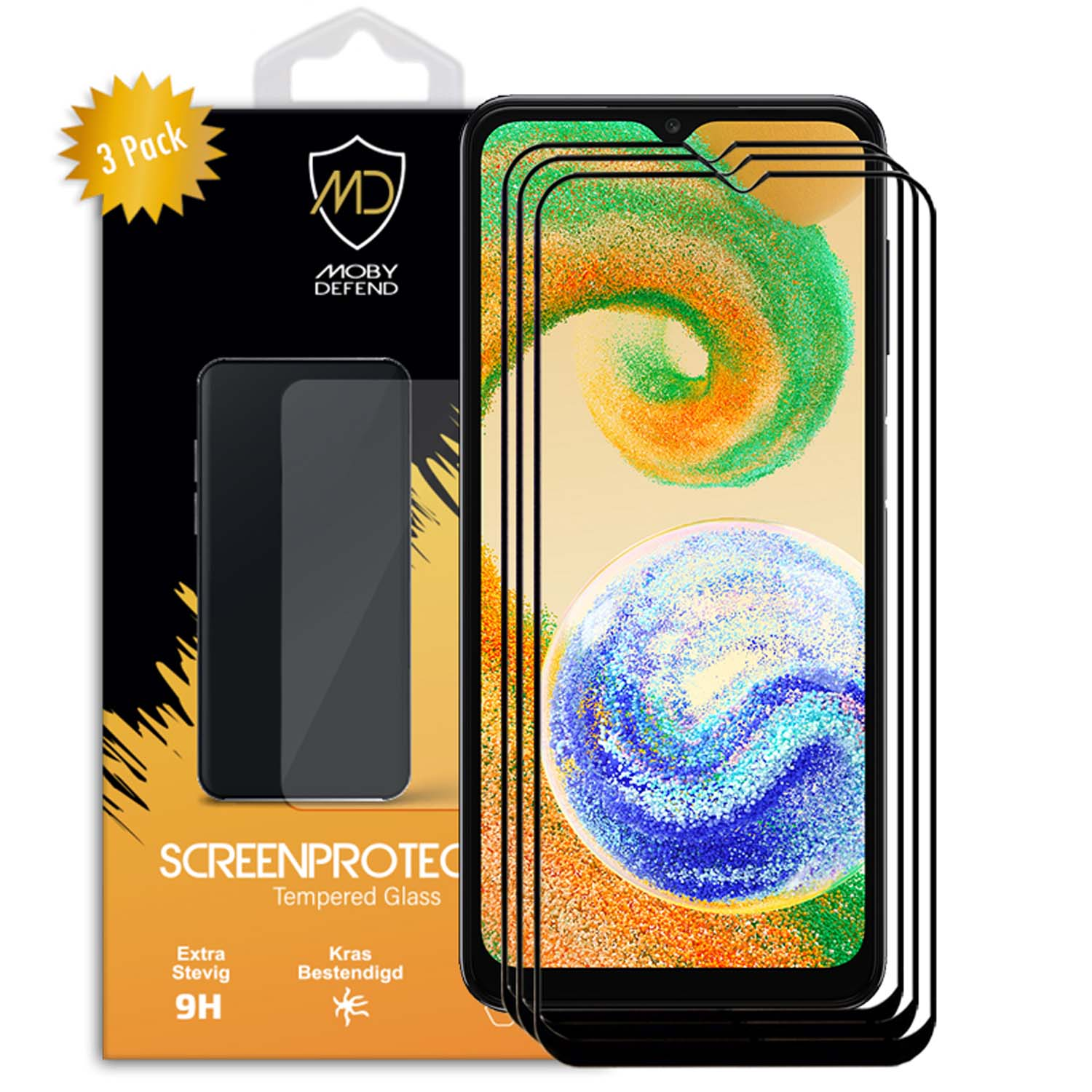 Een telefoonbeschermerdoos met een telefoon en drie schermbeschermers. De doos is zwart en goud.