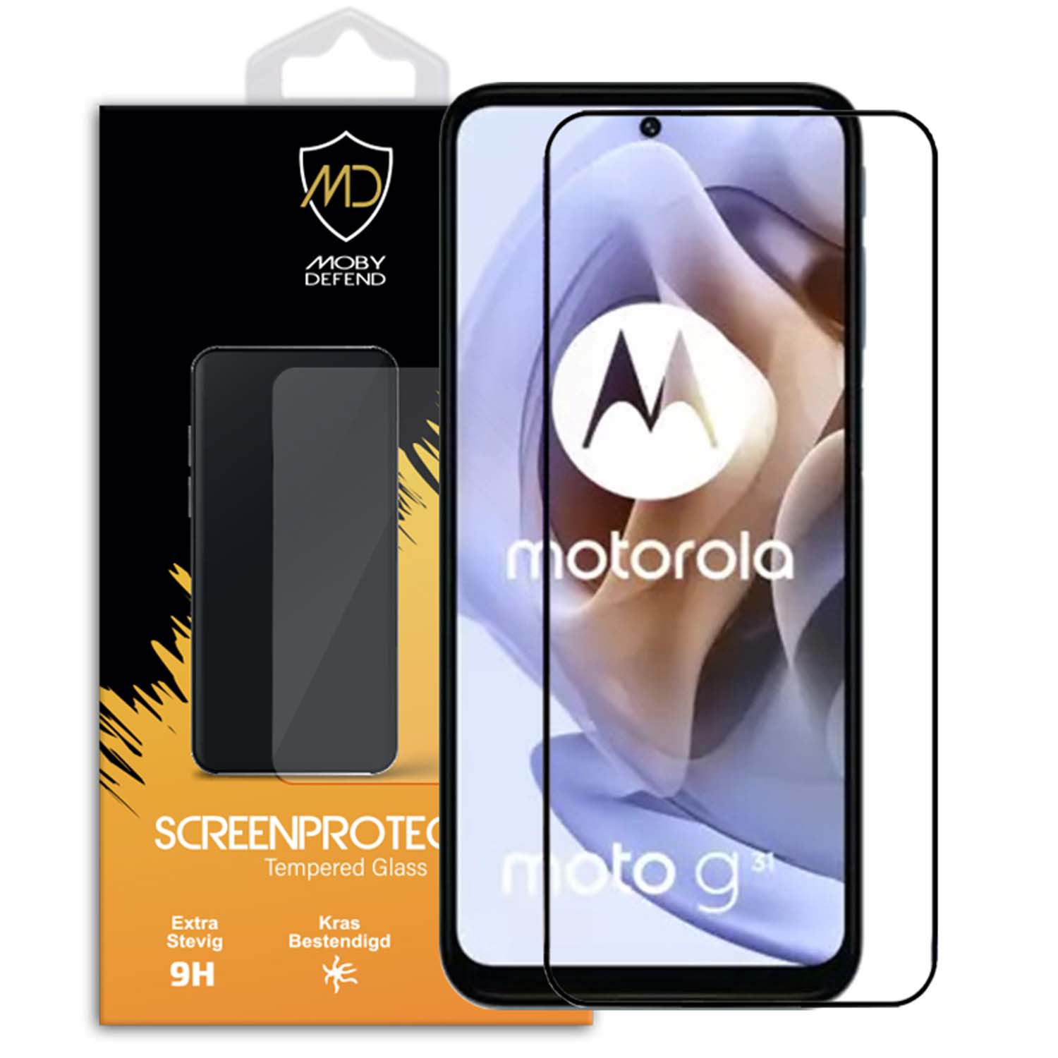 Schermbeschermers en telefoon. Motorola moto g31. Drie beschermers en verpakking zichtbaar.