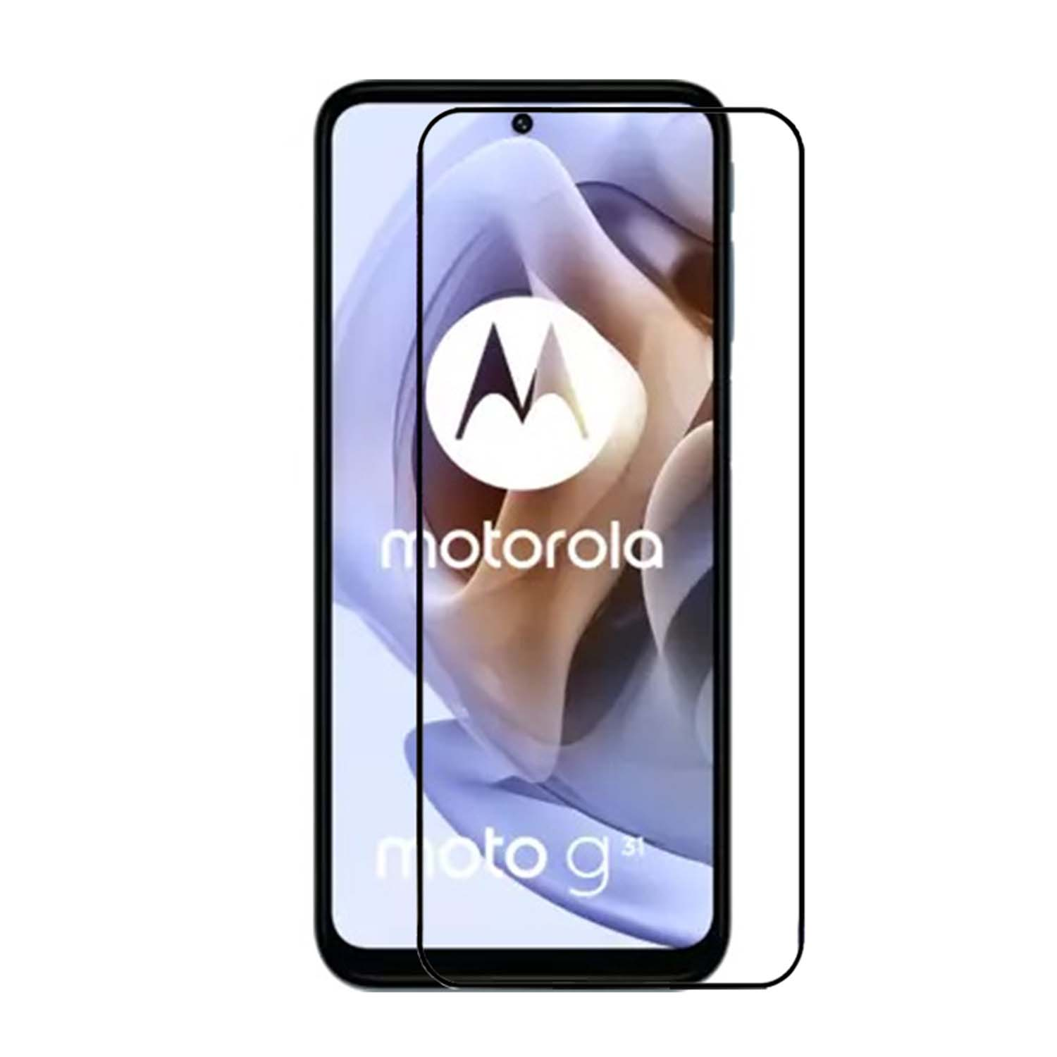 Smartphone met screenprotector. Het scherm toont 'motorola moto g31' in wit op een witte achtergrond.