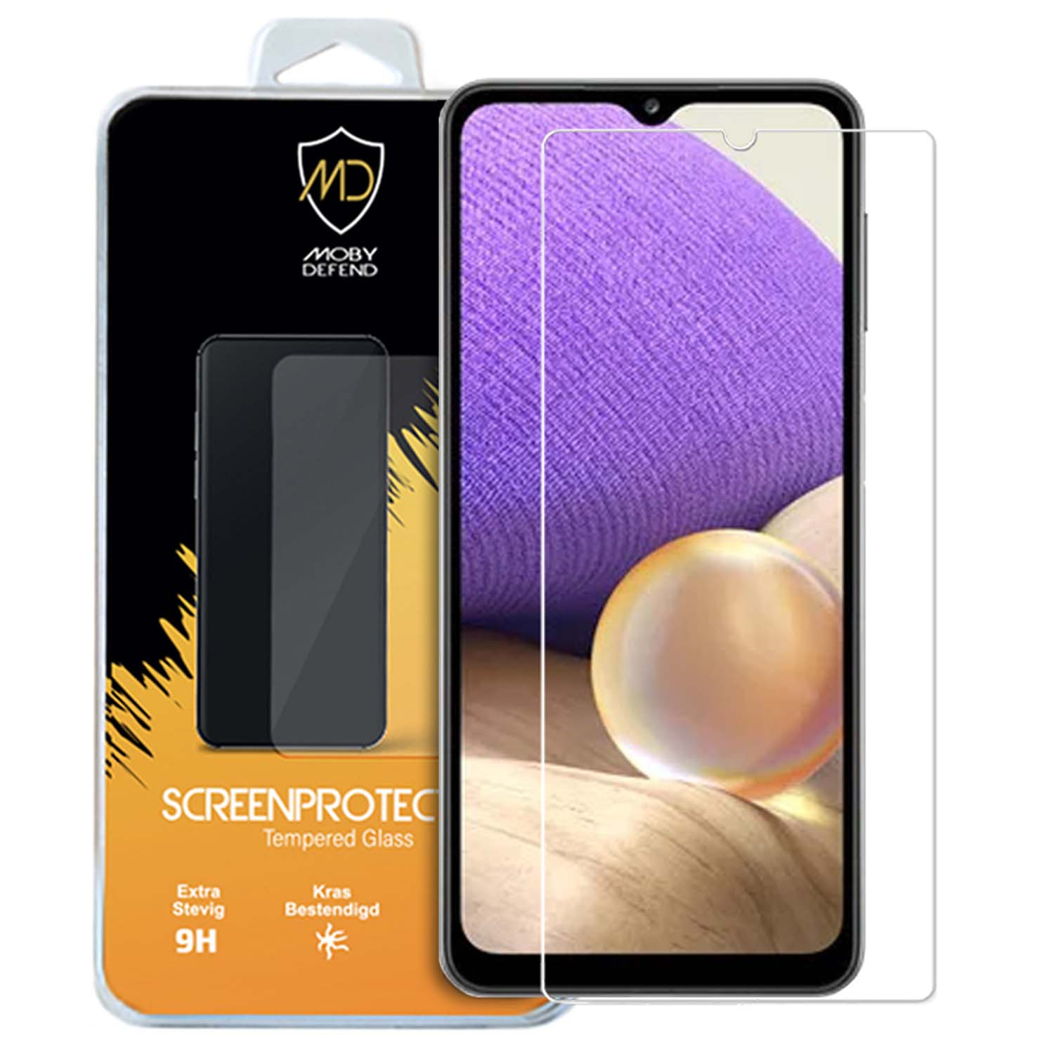 Verpakking van schermbeschermer met telefoon en schermbeschermer.