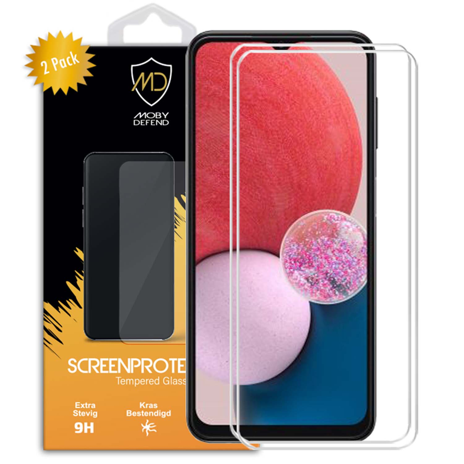 Telefoonschermbeschermer verpakking met telefoon en schermbeschermer. De verpakking is zwart en geel.