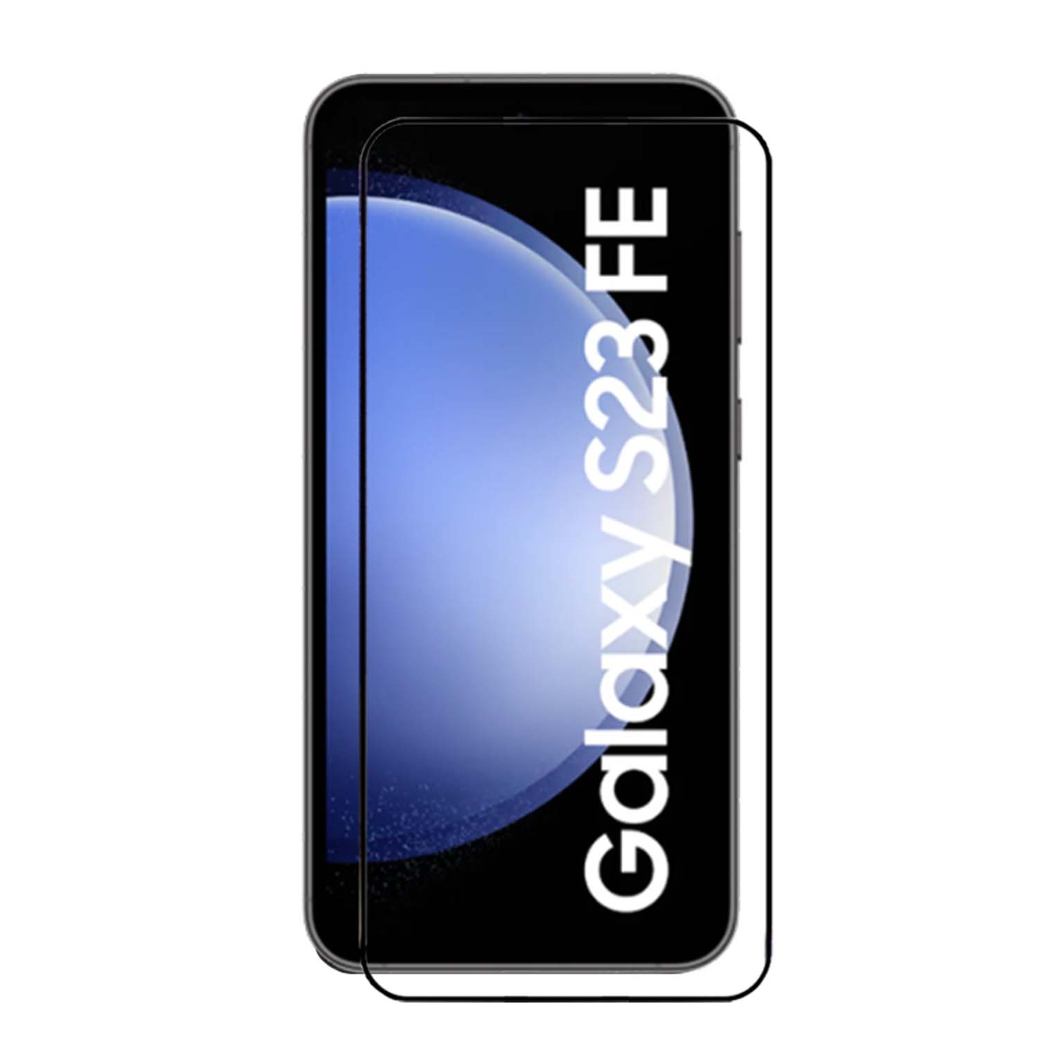 Écran de téléphone avec un protecteur d'écran. Le téléphone a le texte Galaxy S23 FE.