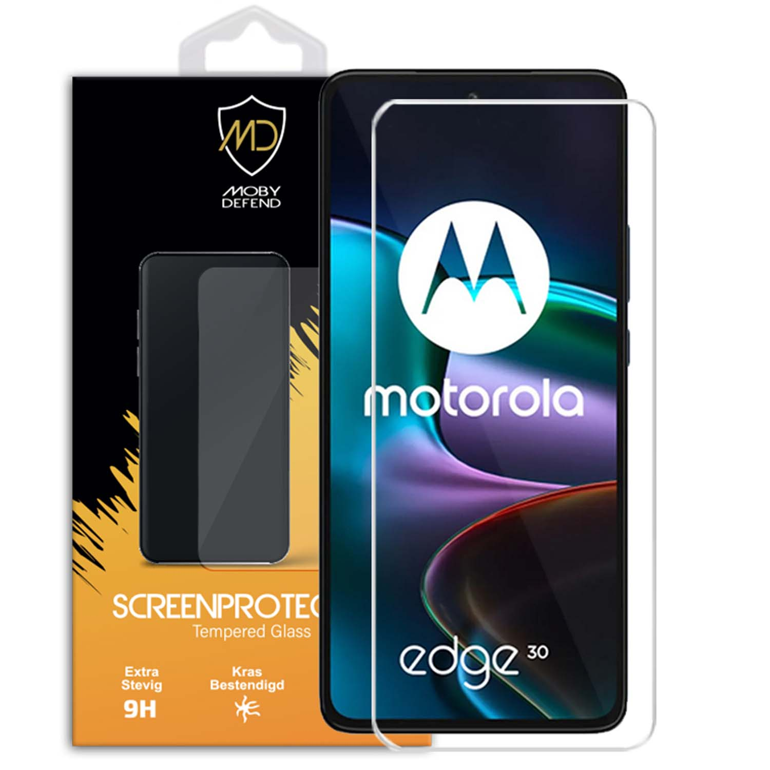 Motorola edge 30 telefoonscherm en schermbeschermer verpakking. Verpakking toont telefoon en beschermer.