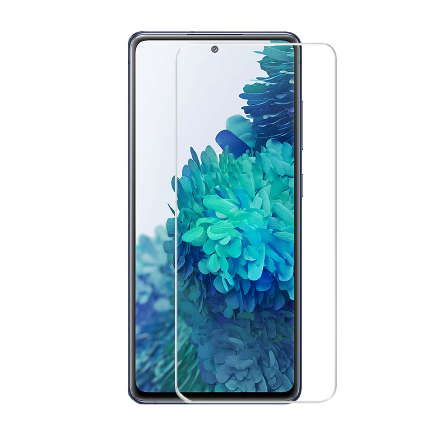 Telefoon met schermbeschermer. De telefoon toont een bloemenachtergrond.