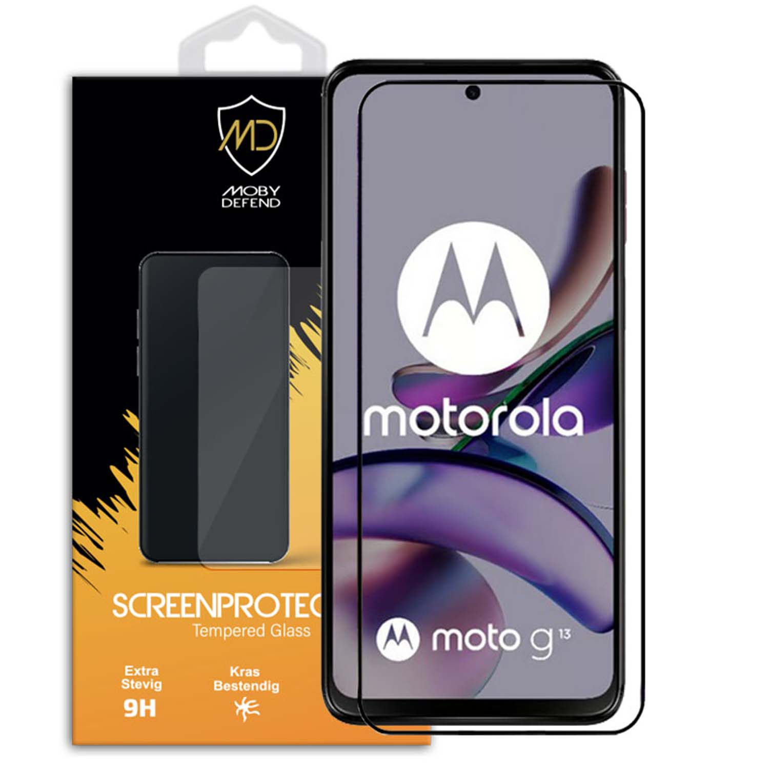 Motorola Moto G13 screenprotector met merklogo en telefoonafbeelding op de verpakking.