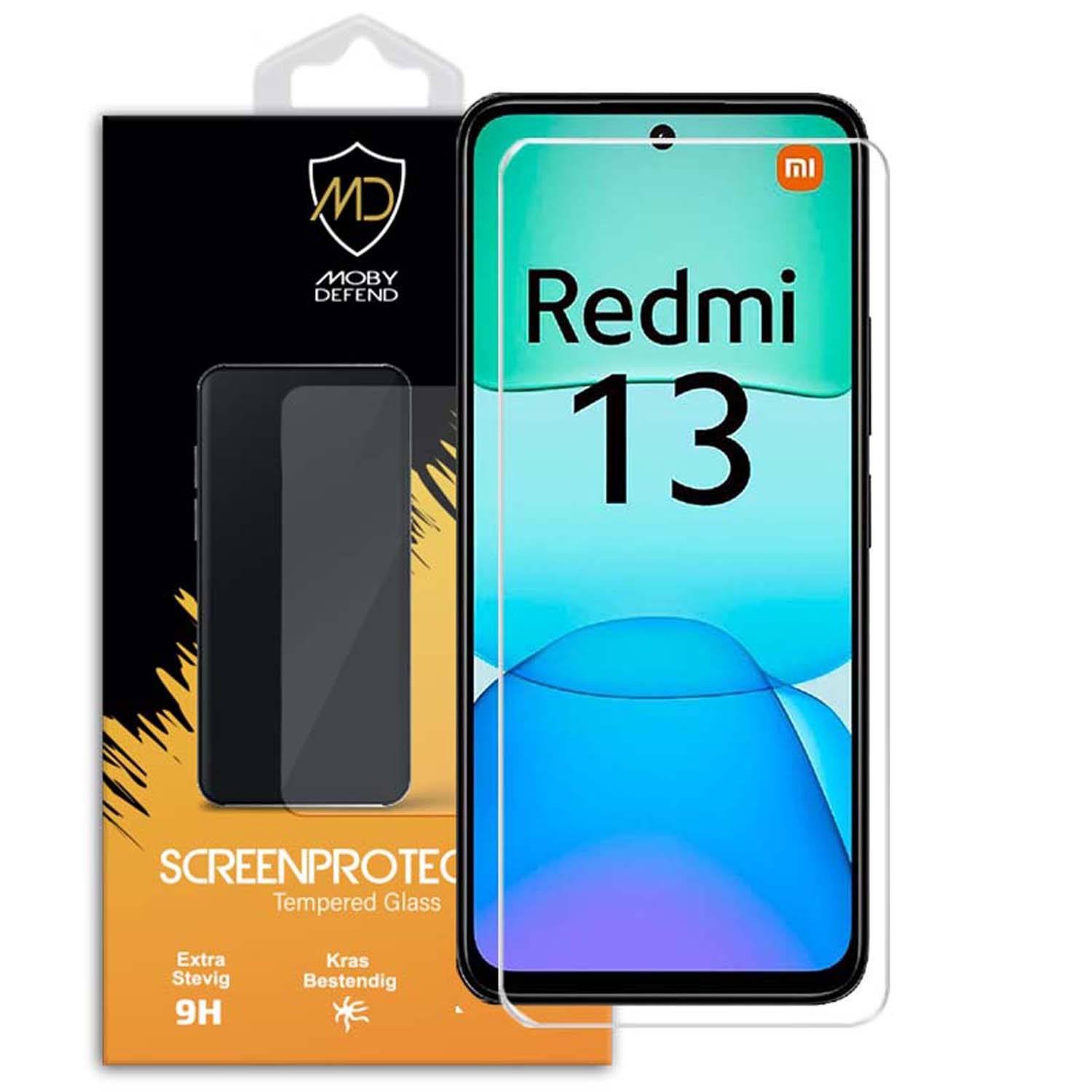 Protecteur d'écran et téléphone. Le téléphone est le Redmi 13, et le protecteur est dans une boîte.