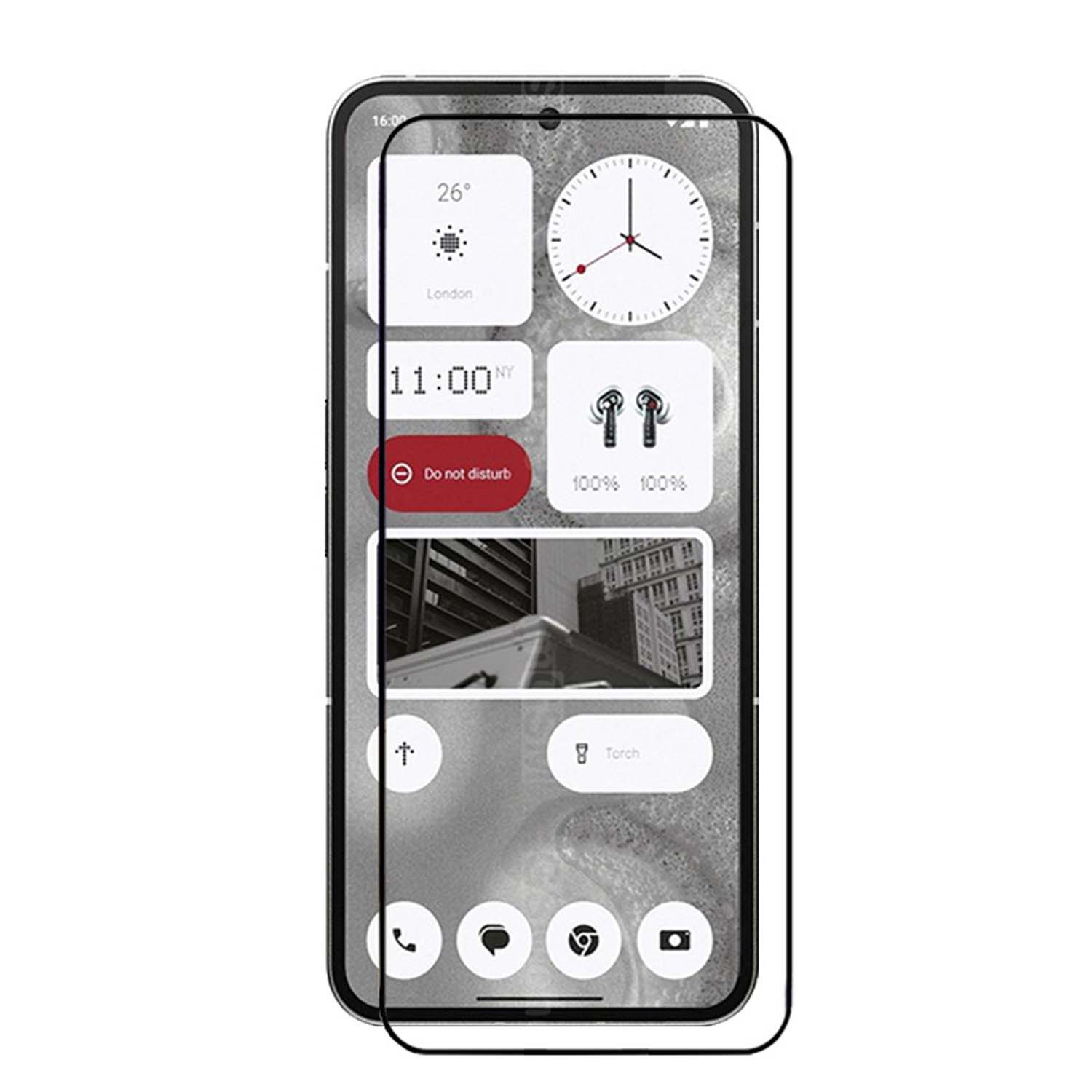 Telefoon met schermbeschermer, met het startscherm. Inclusief tijd, weer en app-pictogrammen, met zwarte rand.